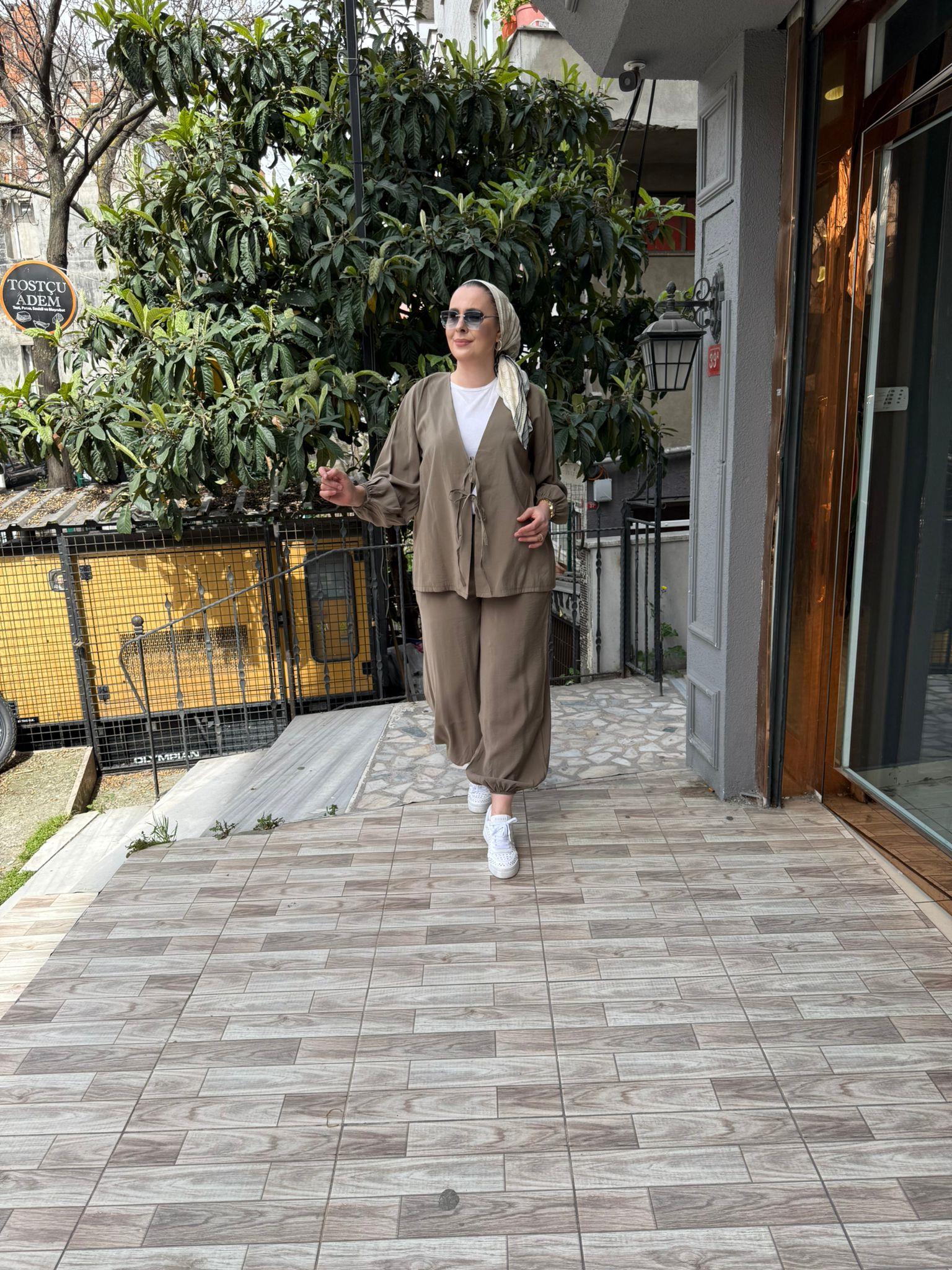 Paça Lastikli İşlemeli Kimono Takım Haki