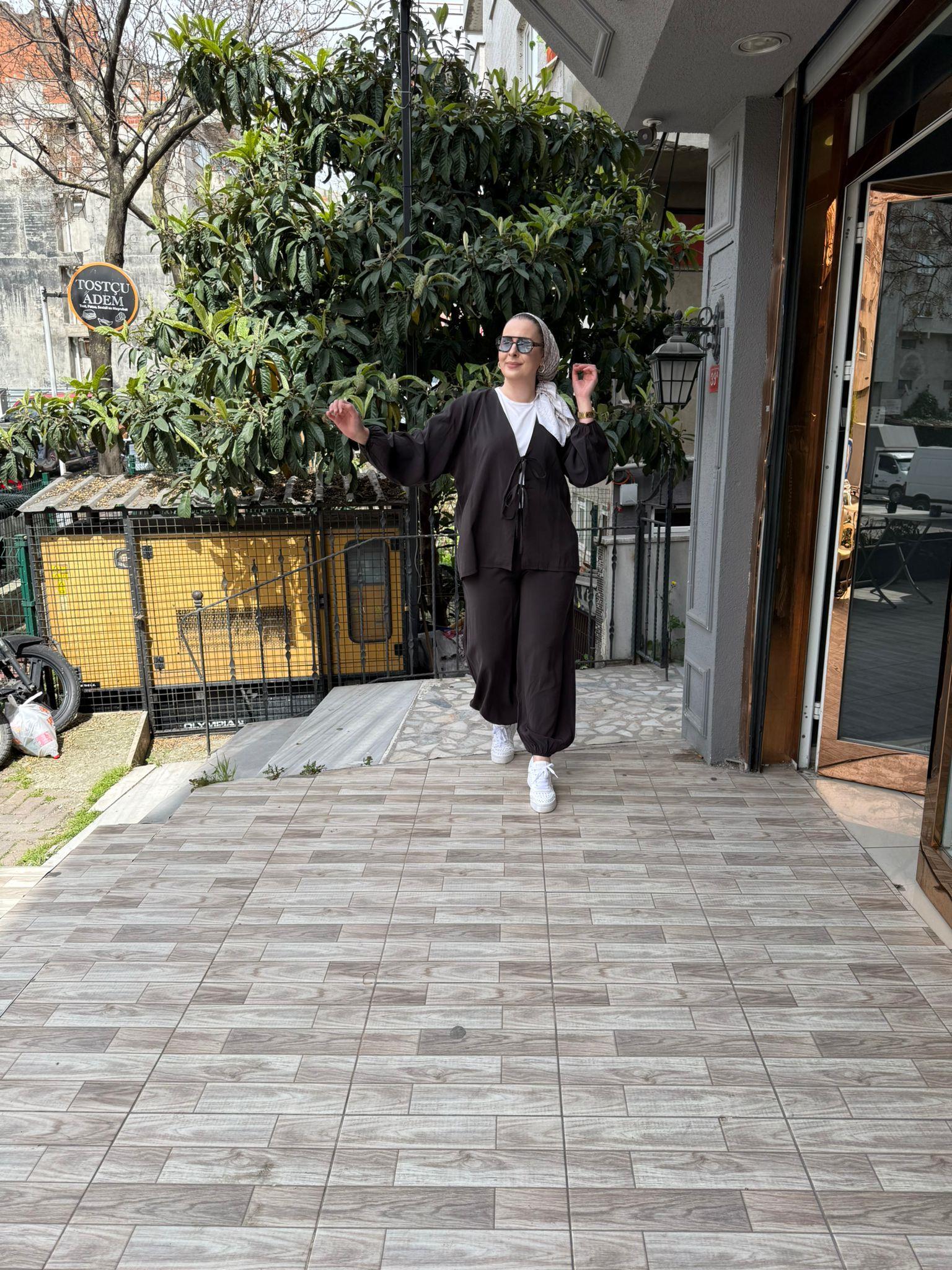 Paça Lastikli İşlemeli Kimono Takım Kahve