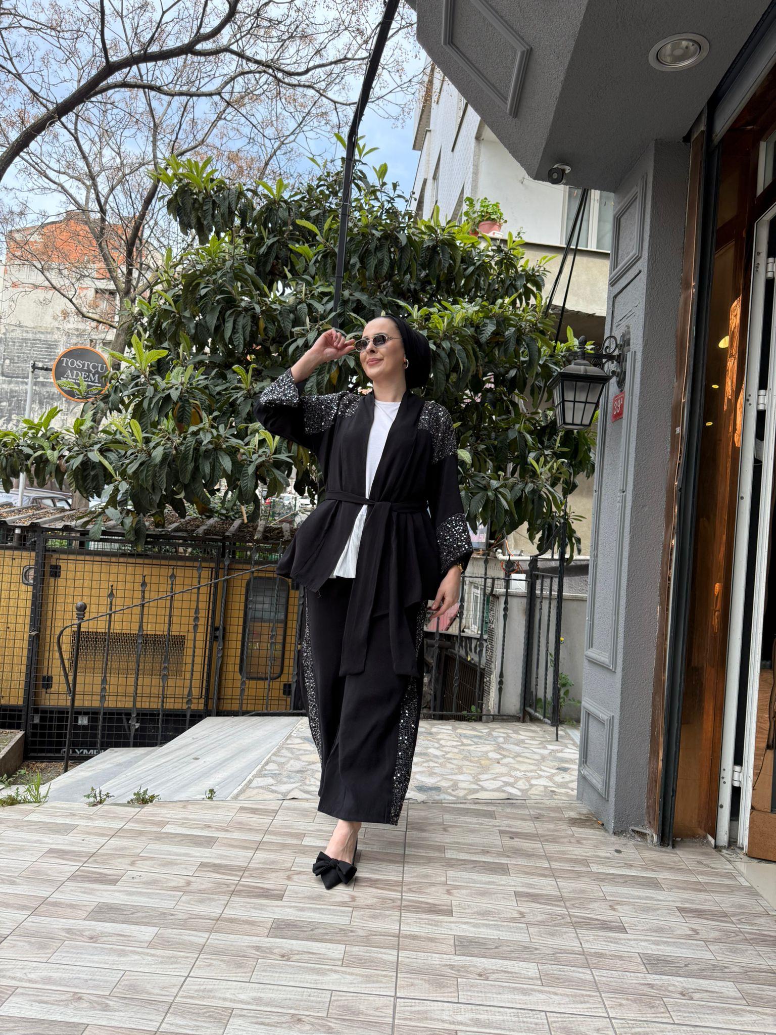 Payetli Kimonolu Takım Siyah