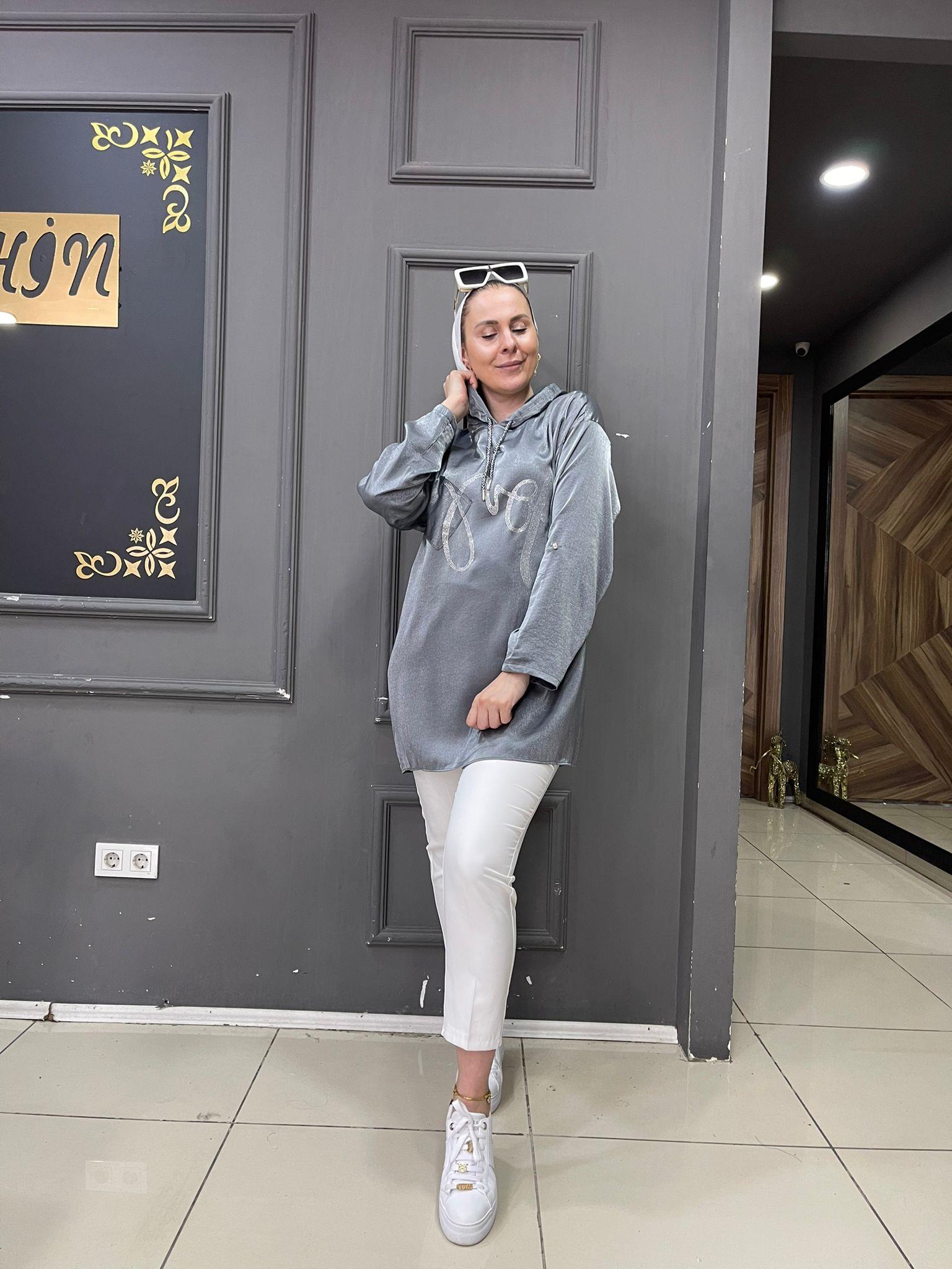 Saten Taşlı Sweat Füme