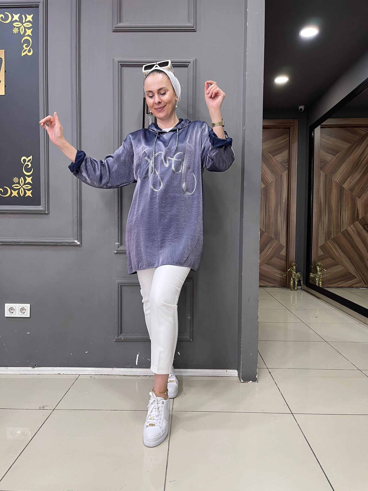 Saten Taşlı Sweat Mor