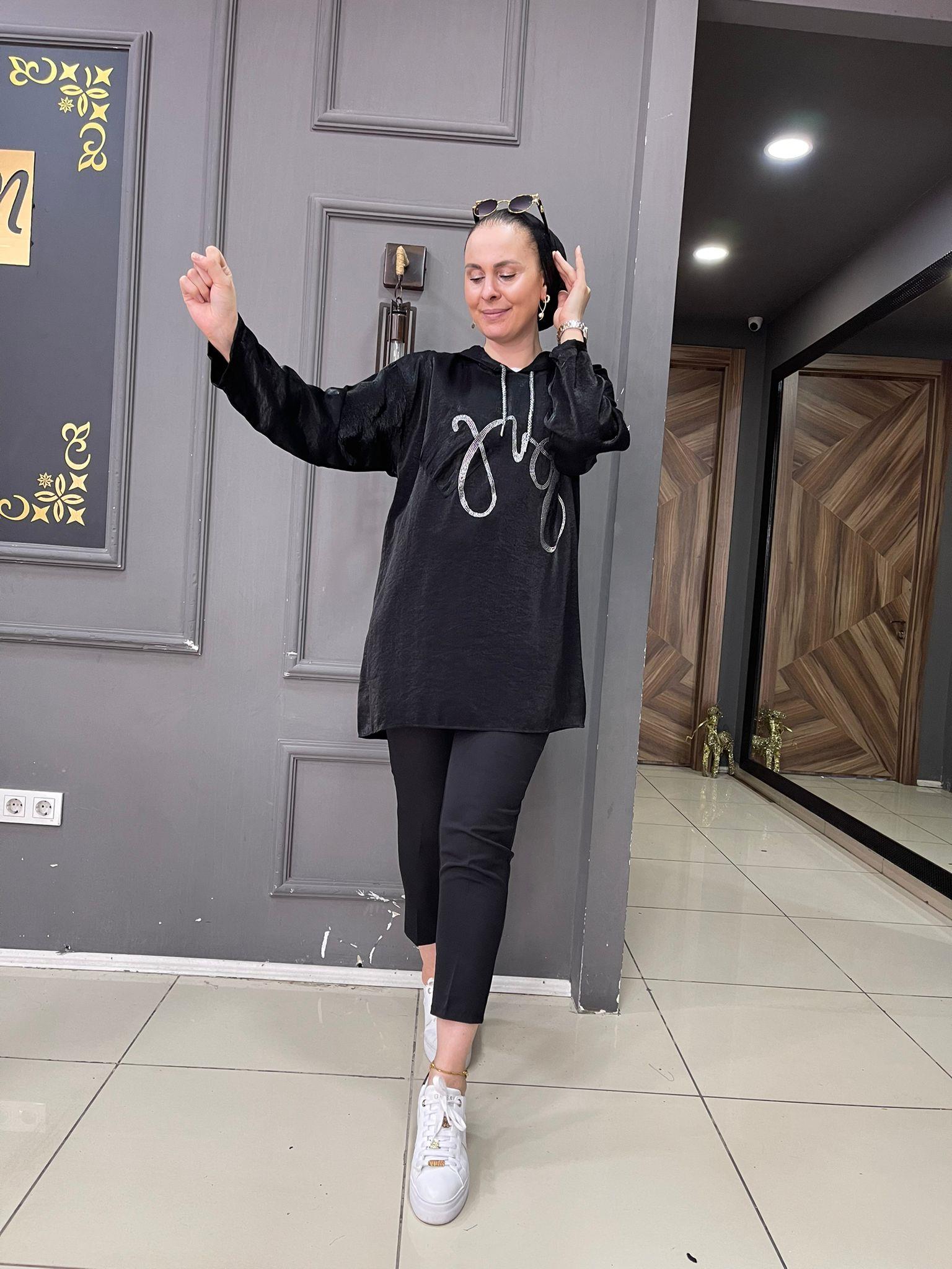 Saten Taşlı Sweat Siyah