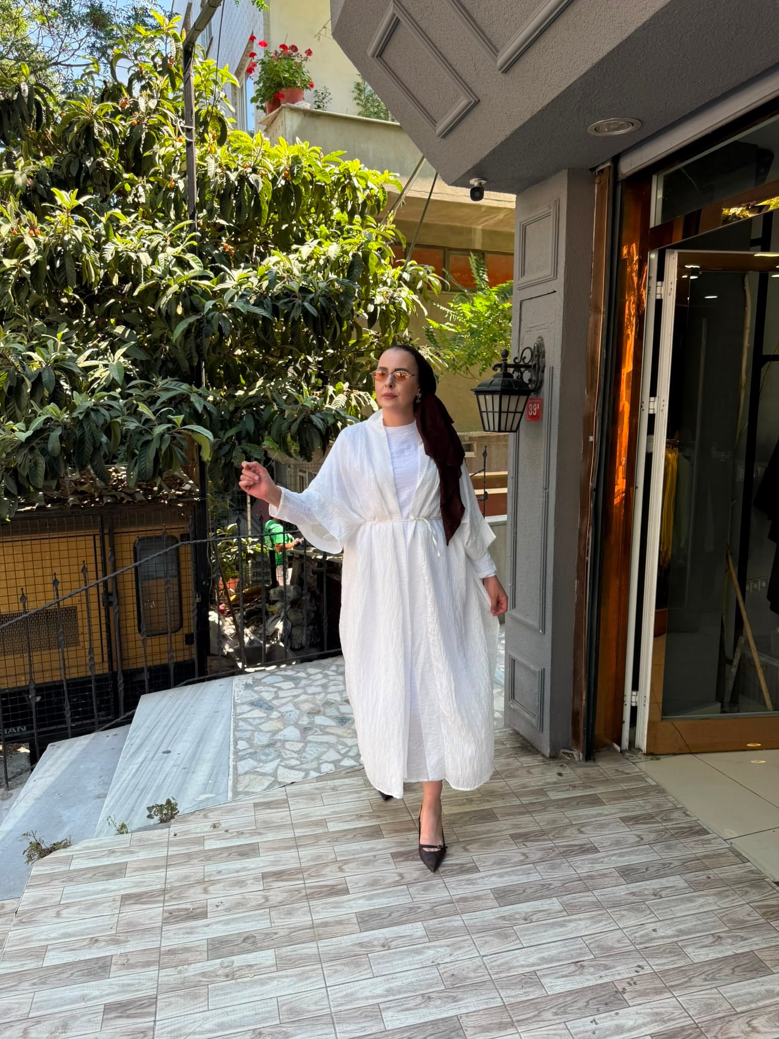 Taşlı Abaya Takım Beyaz