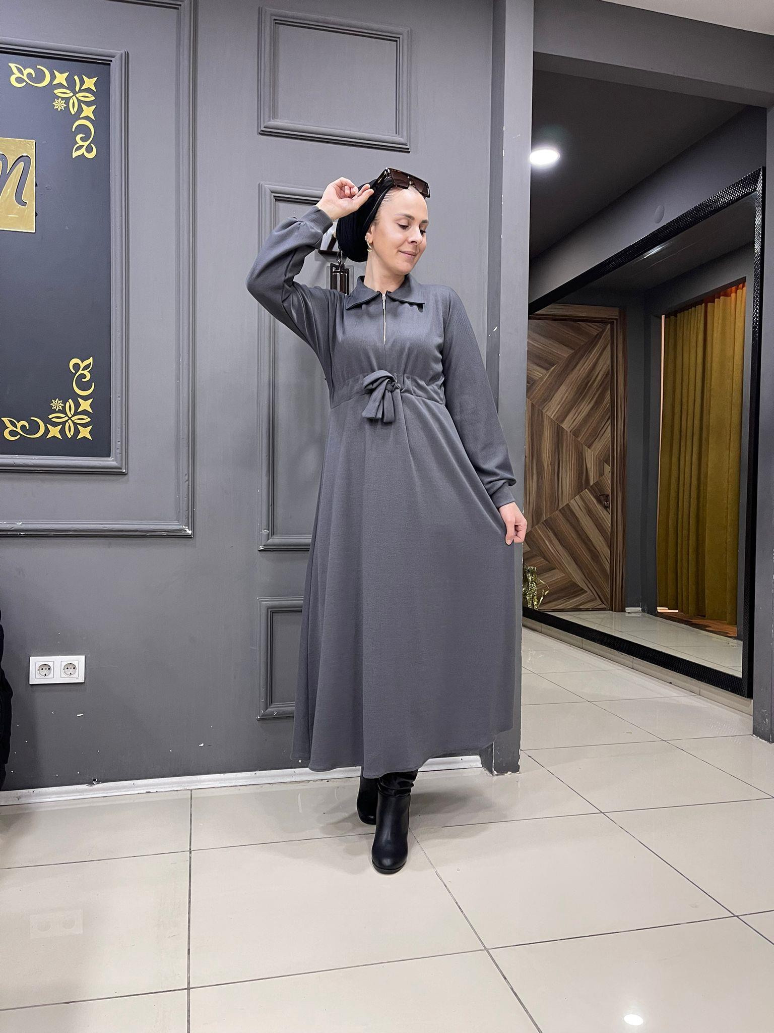 Yarasa Kol Dokuma Bürümcük Elbise Füme