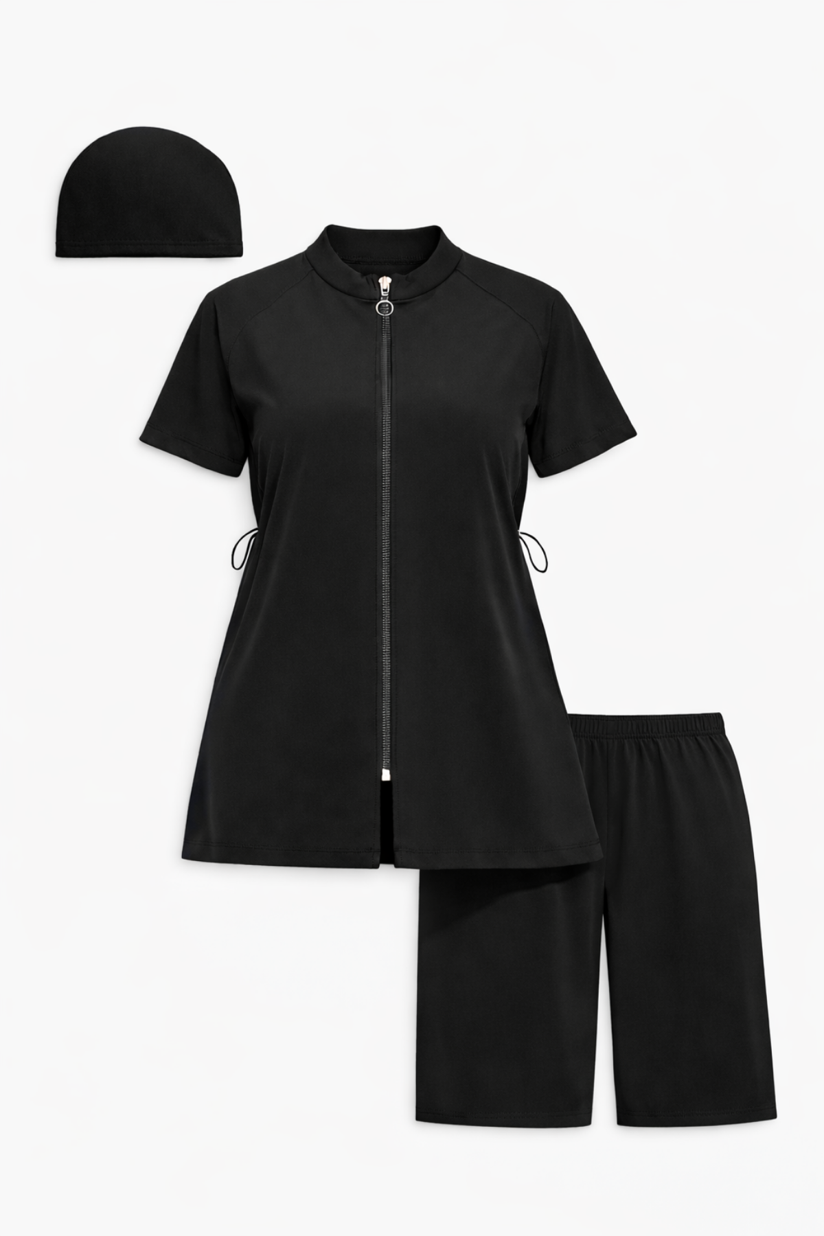 3'lü Siyah Desenli Garson Boy Mayo Takımı – Kısa Kollu Çocuk Kapalı Mayo (Üst, Şort, Bone) Siyah