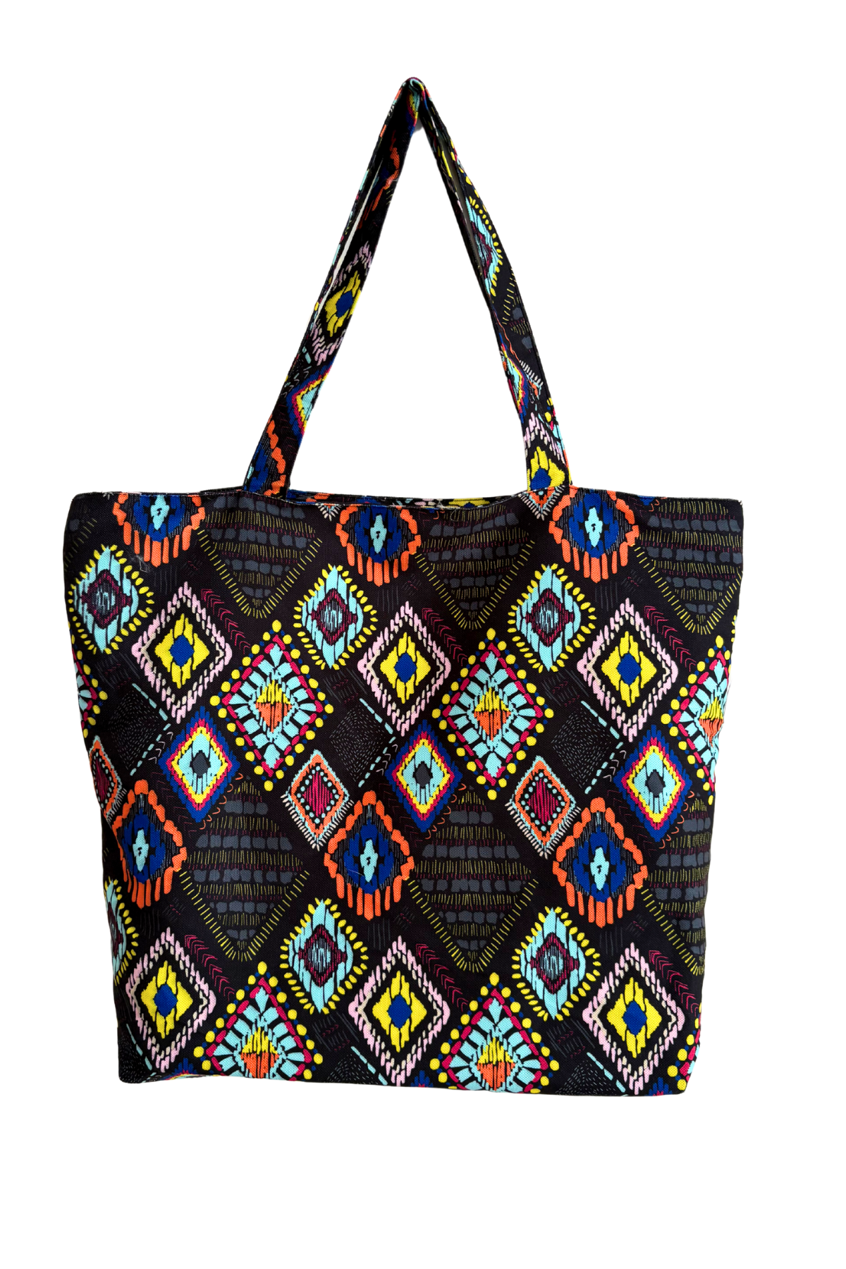 Etnik Desenli Büyük Plaj Çantası - 48x45 cm, Fermuarlı Cepli