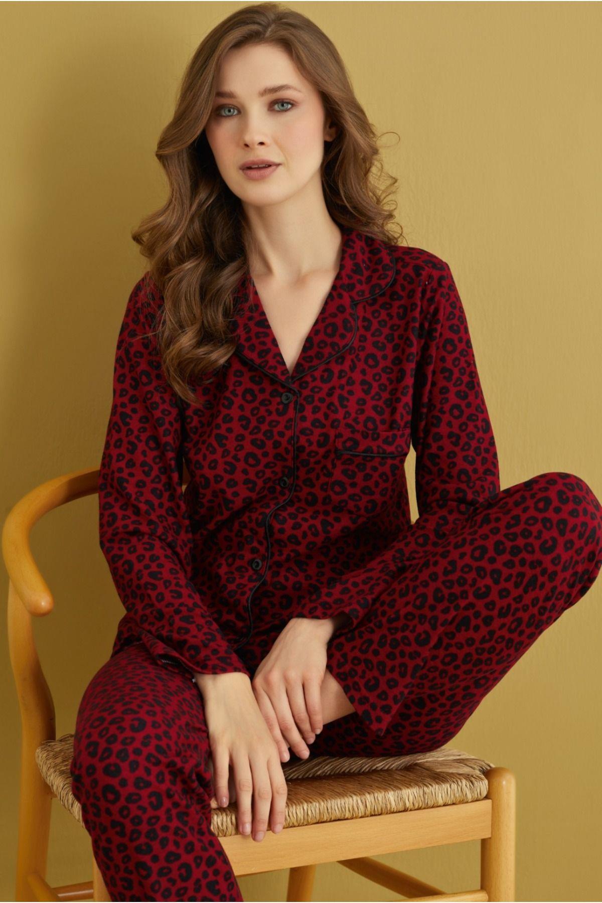 Kadın Bordo Leopar Desenli Süet Pijama Takımı