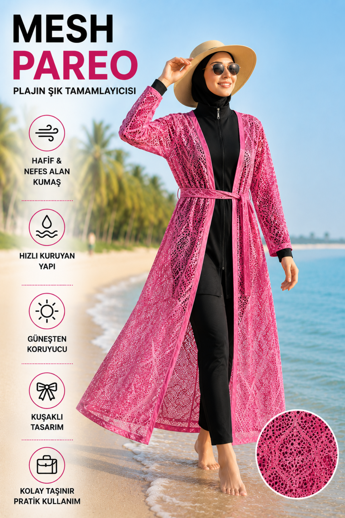 Kadın Mesh Pareo Kuşaklı Uzun Plaj Pareosu Hafif Nefes Alan File Kimono