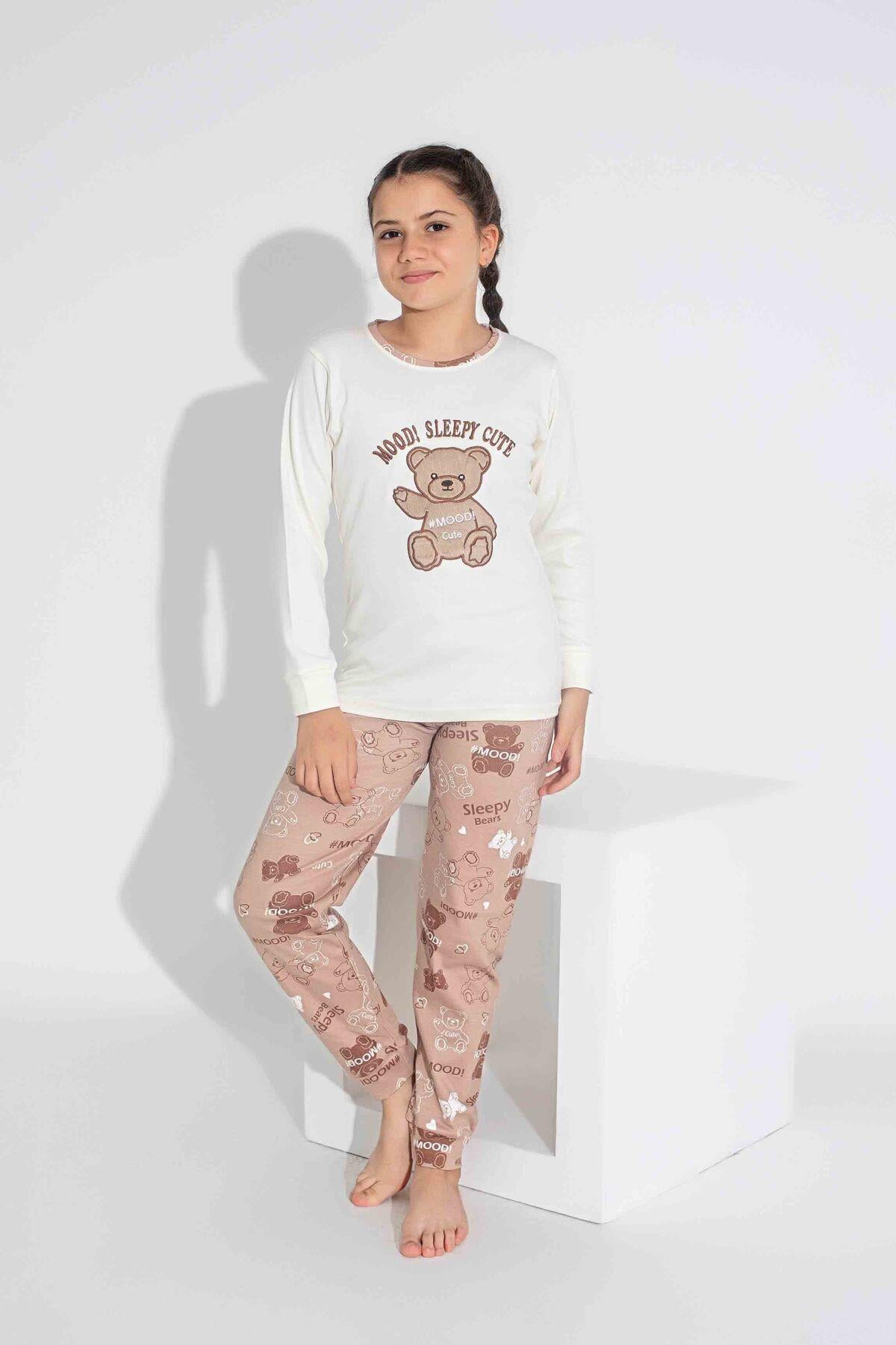 Kız Çocuk Ayıcık Desenli Beyaz Pamuklu Interlok Pijama Takımı