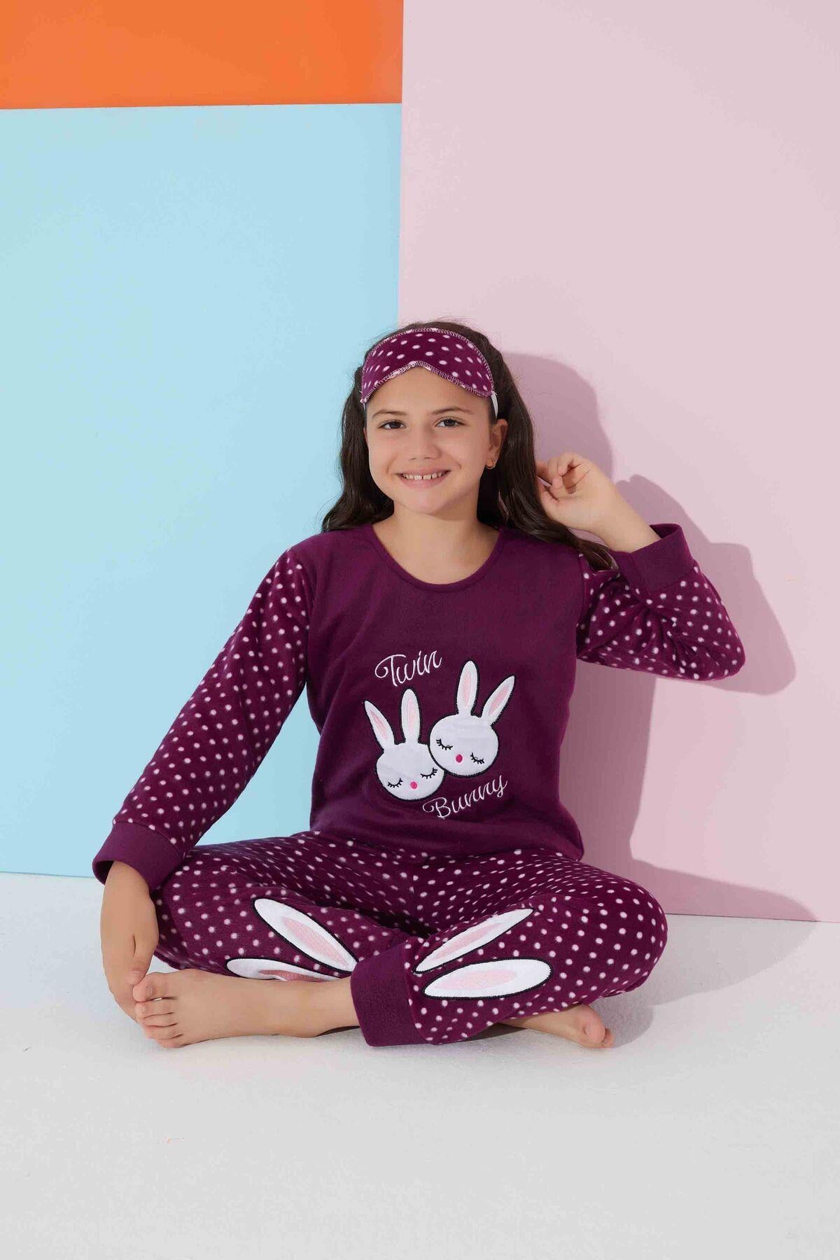Kız Çocuk Tavşan Desenli Polar Pijama Takımı + Uyku Bandı