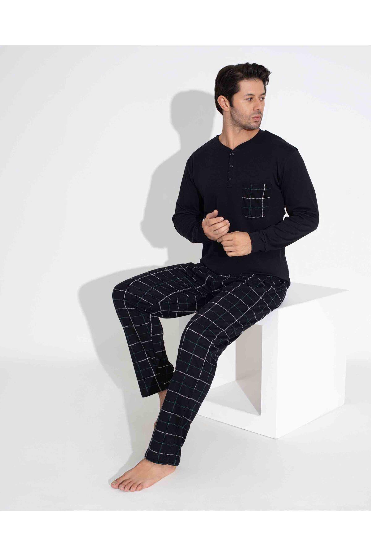 Tarık Erkek Siyah Ekoseli Uzun Kollu Interlok Pijama Takımı