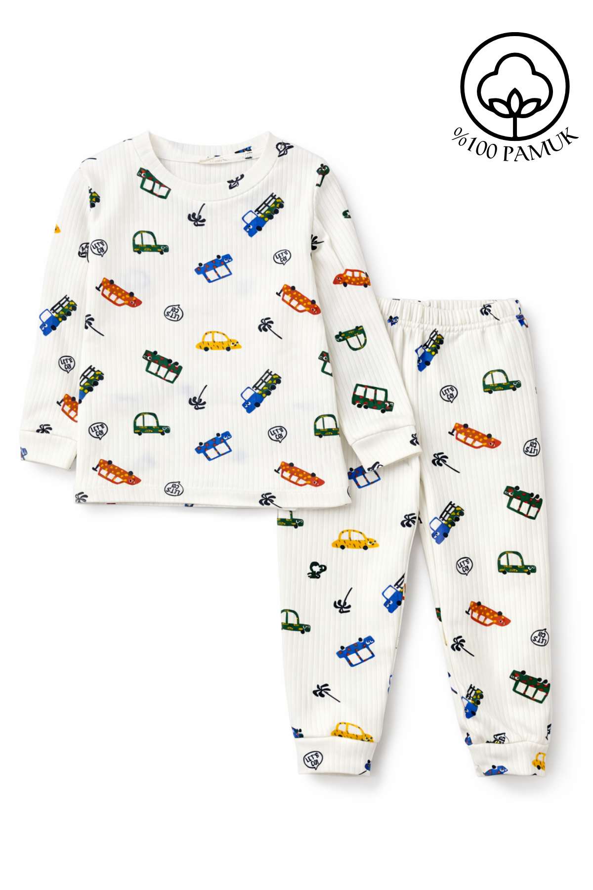 Unisex Çocuk Araba Desenli %100 Pamuk Fitilli Interlok Mevsimlik Pijama Takımı