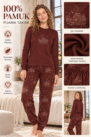 Kadın %100 Pamuklu Pijama Takımı – Uzun Kollu, Ev Desenli