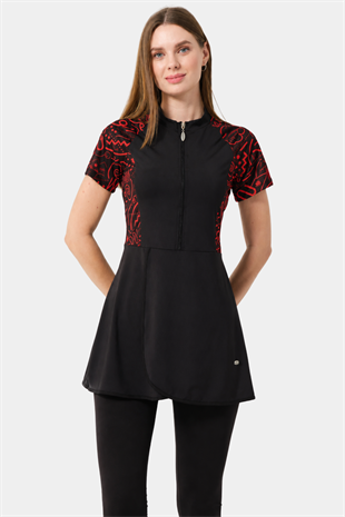 Kadın 4 Parça Yarı Kapalı Mayo Takımı Kısa Kollu Fermuarlı Desenli Siyah-Kırmızı