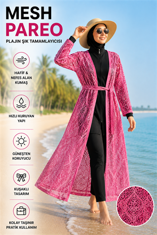 Kadın Mesh Pareo Kuşaklı Uzun Plaj Pareosu Hafif Nefes Alan File Kimono