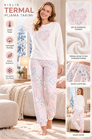 Kadın Termal Pijama Takımı Kışlık Uzun Kollu Kalp Baskılı