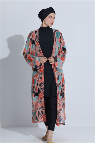Kadın Uzun Pareo Kimono Desenli Kuşaklı Plaj Elbisesi Mayo Üstü Pareo