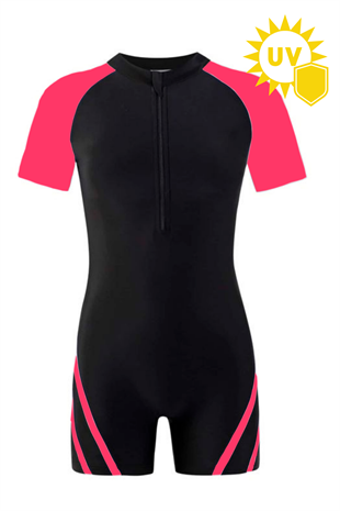 UV Korumalı Kısa Kollu Pembe Detaylı Çocuk Yüzücü Tulum Mayo - Unisex Havuz ve Deniz Mayosu