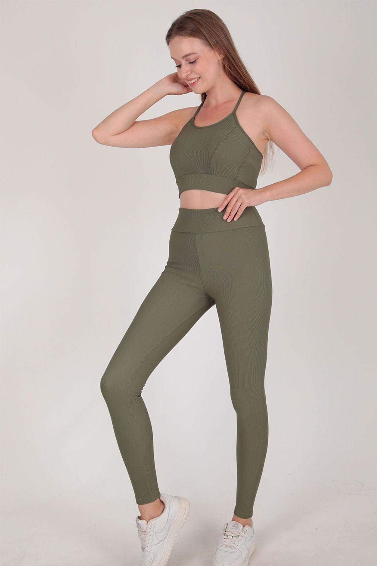 2'li Fitili Spor Tayt Takımı Yüksek Bel Askılı Crop
