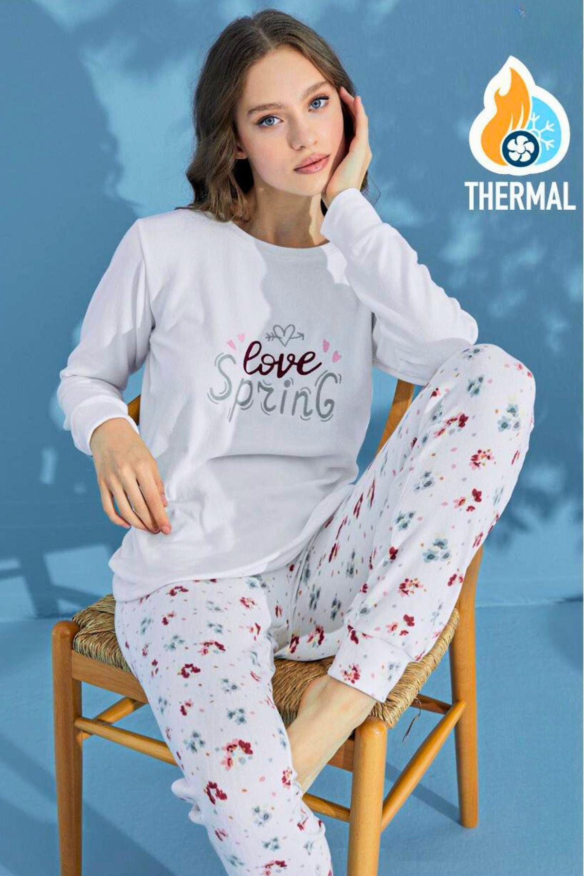 Beyaz Sonbahar Temalı Pamuklu Termal Yumuşak Pijama Takımı