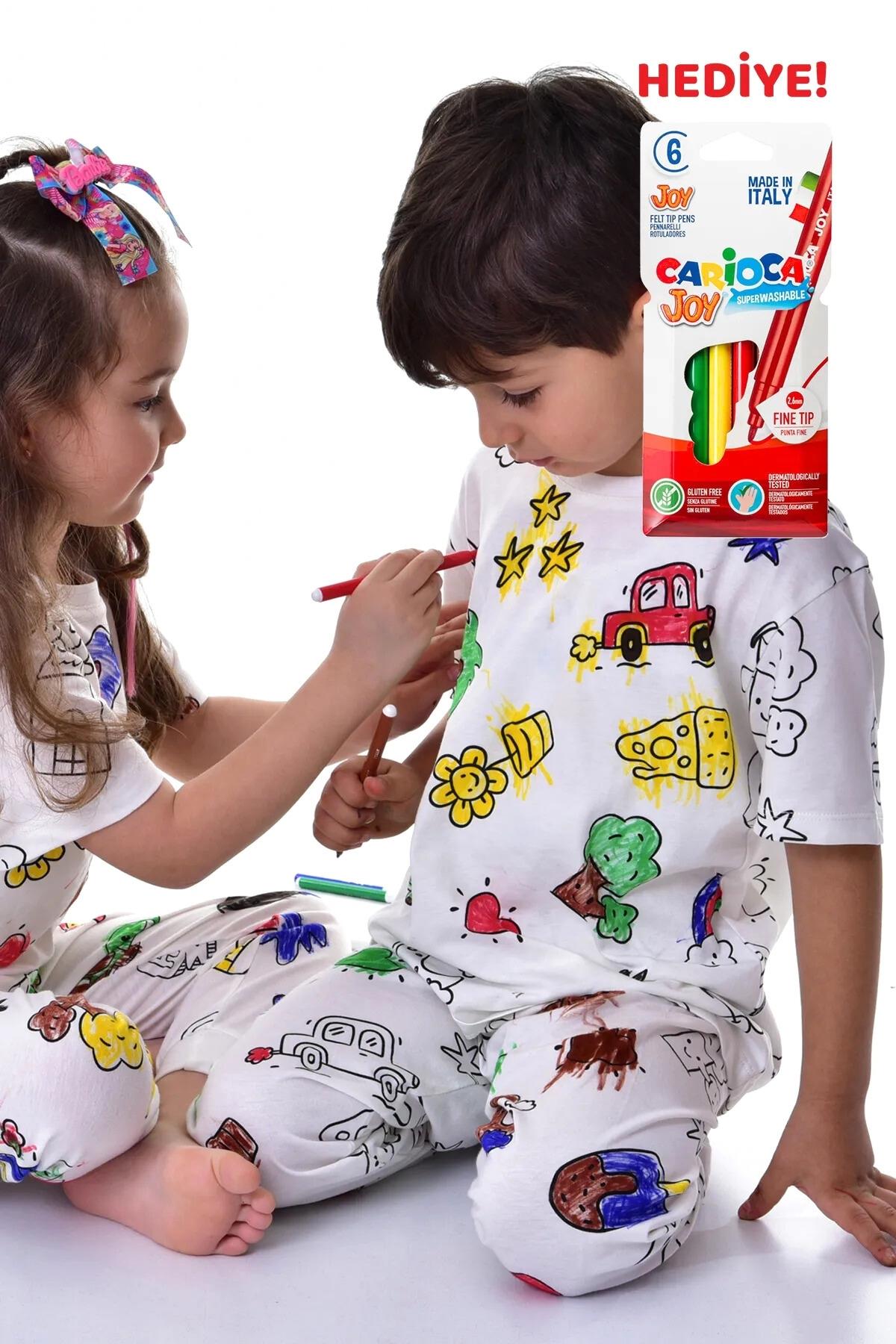 Boyanabilir Çocuk Pijama Takımı Unisex - %100 Pamuklu ve Hediyeli Kalem Seti