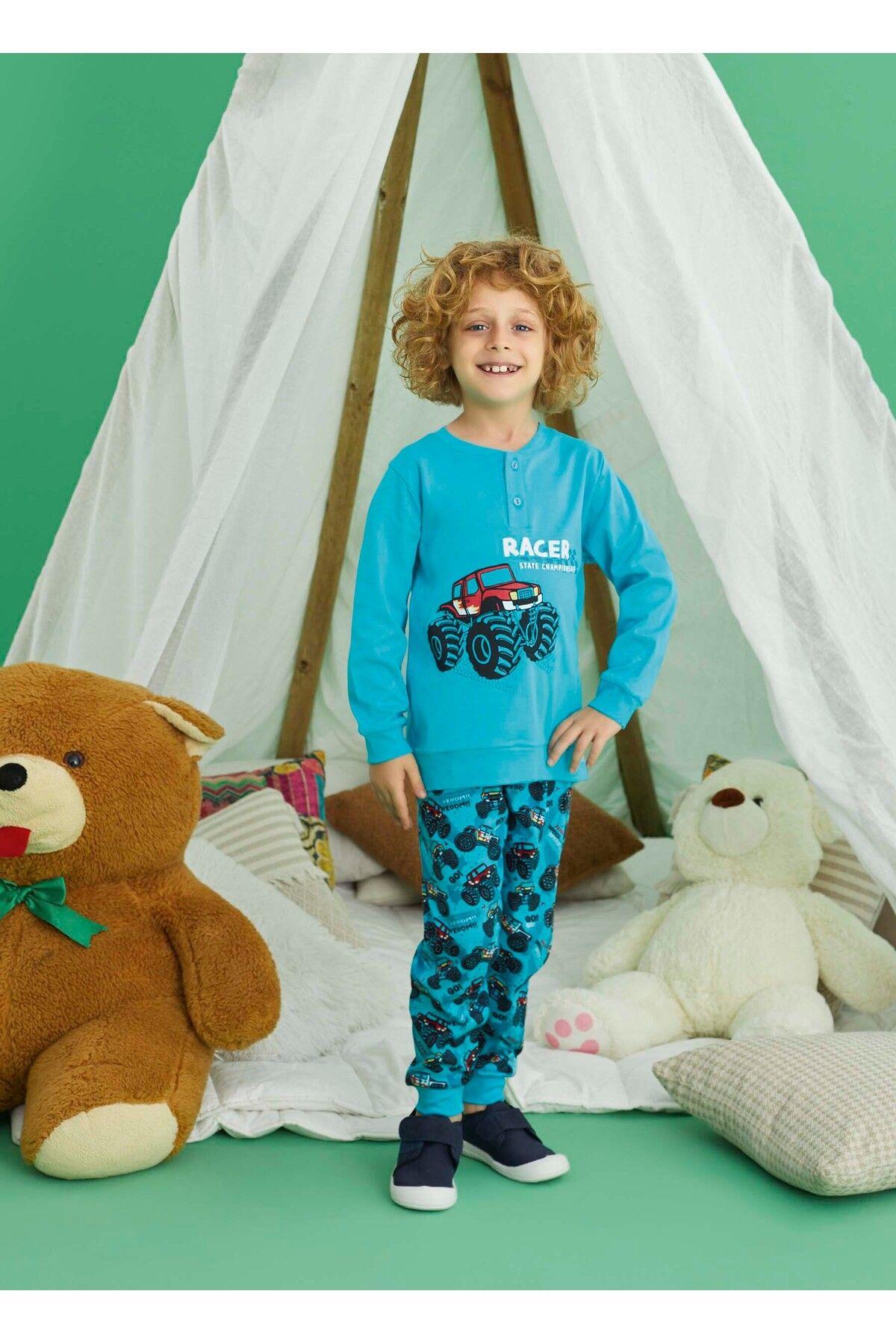 Erkek Çocuk Okyanus Mavisi Araba Desenli Pamuklu Pijama Takımı
