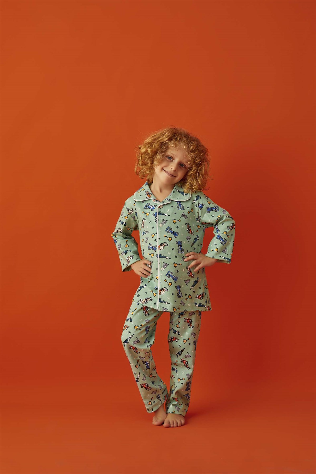 Erkek Çocuk Pijama Takımı Düğmeli Organik Pamuklu İnterlok Kumaş Orta Kalın  3-7 Yaş Arası