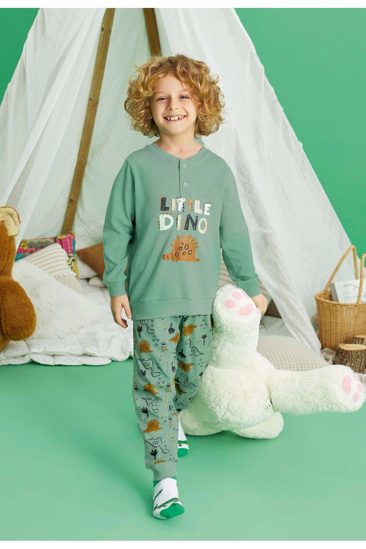 Erkek Çocuk Yeşil Dinazor Desenli Pamuklu İnterlok Pijama Takımı