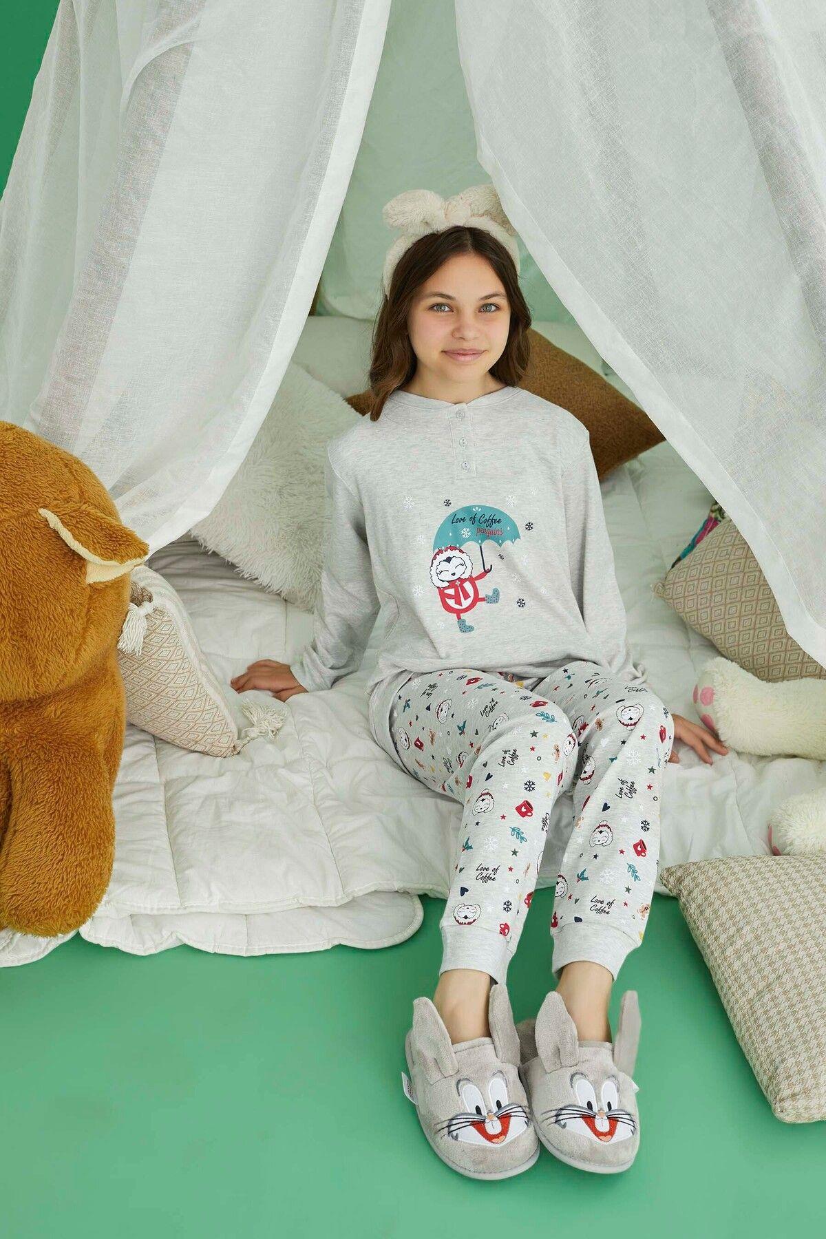 Genç Kız Gri Pamuklu İnterlok Pijama Takımı