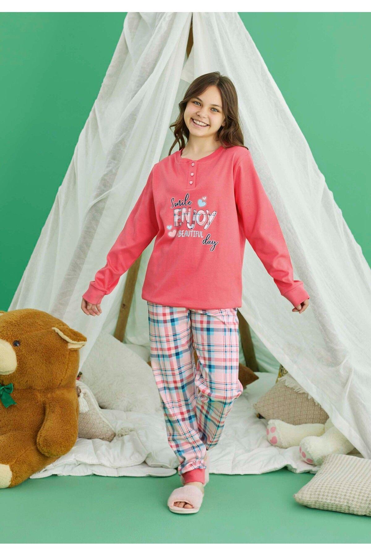 Genç Kız Pembe Kareli Pamuklu İnterlok Pijama Takımı