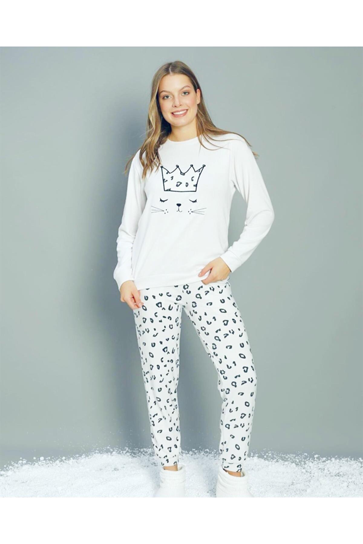 Guava Beyaz Kadın Termal Pijama Takımı Kedi Desenli Lastikli Paça Thermal  Pajamas Set