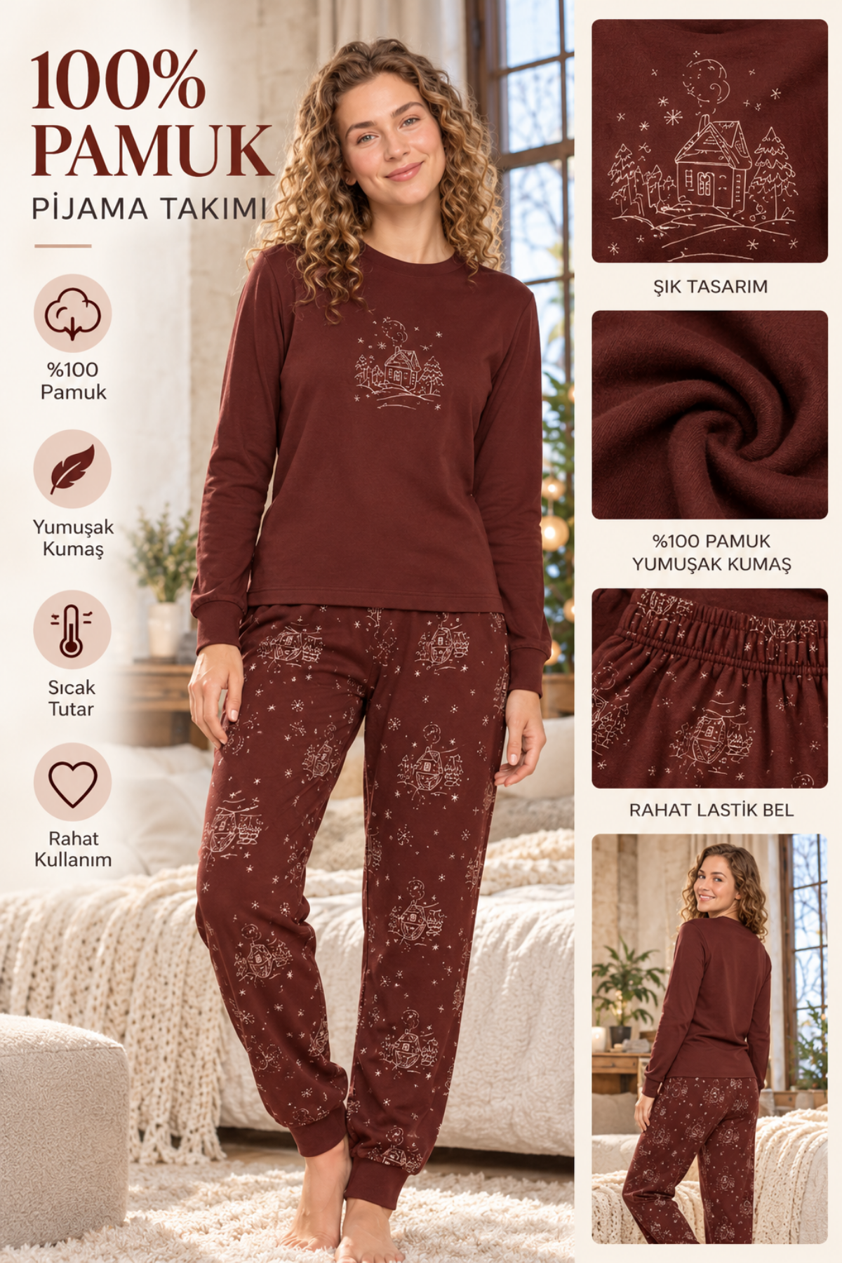 Kadın %100 Pamuklu Pijama Takımı – Uzun Kollu, Ev Desenli