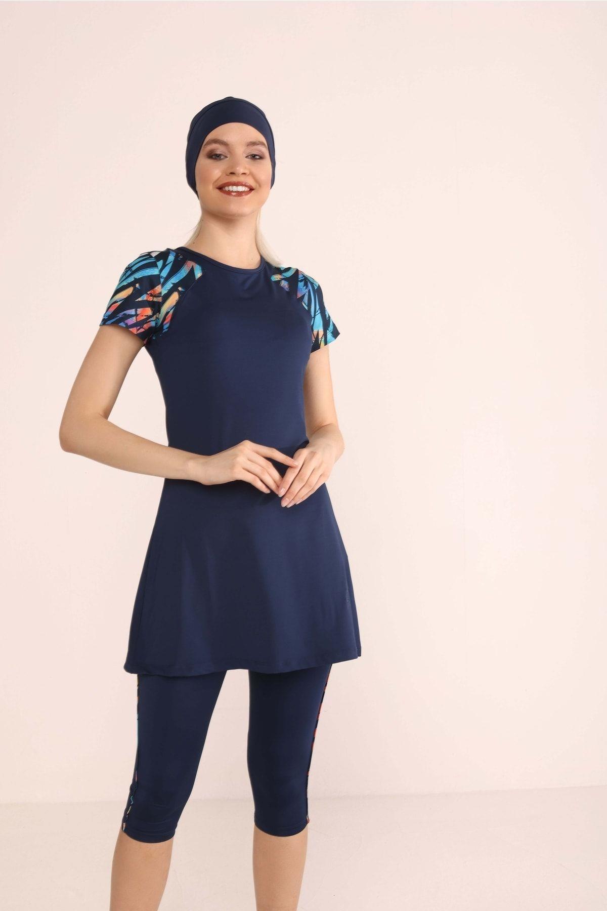 Kadın Lacivert Kısa Kollu Tesettür Mayo Taytlı Boneli Takım Short Sleeve Swimsuit