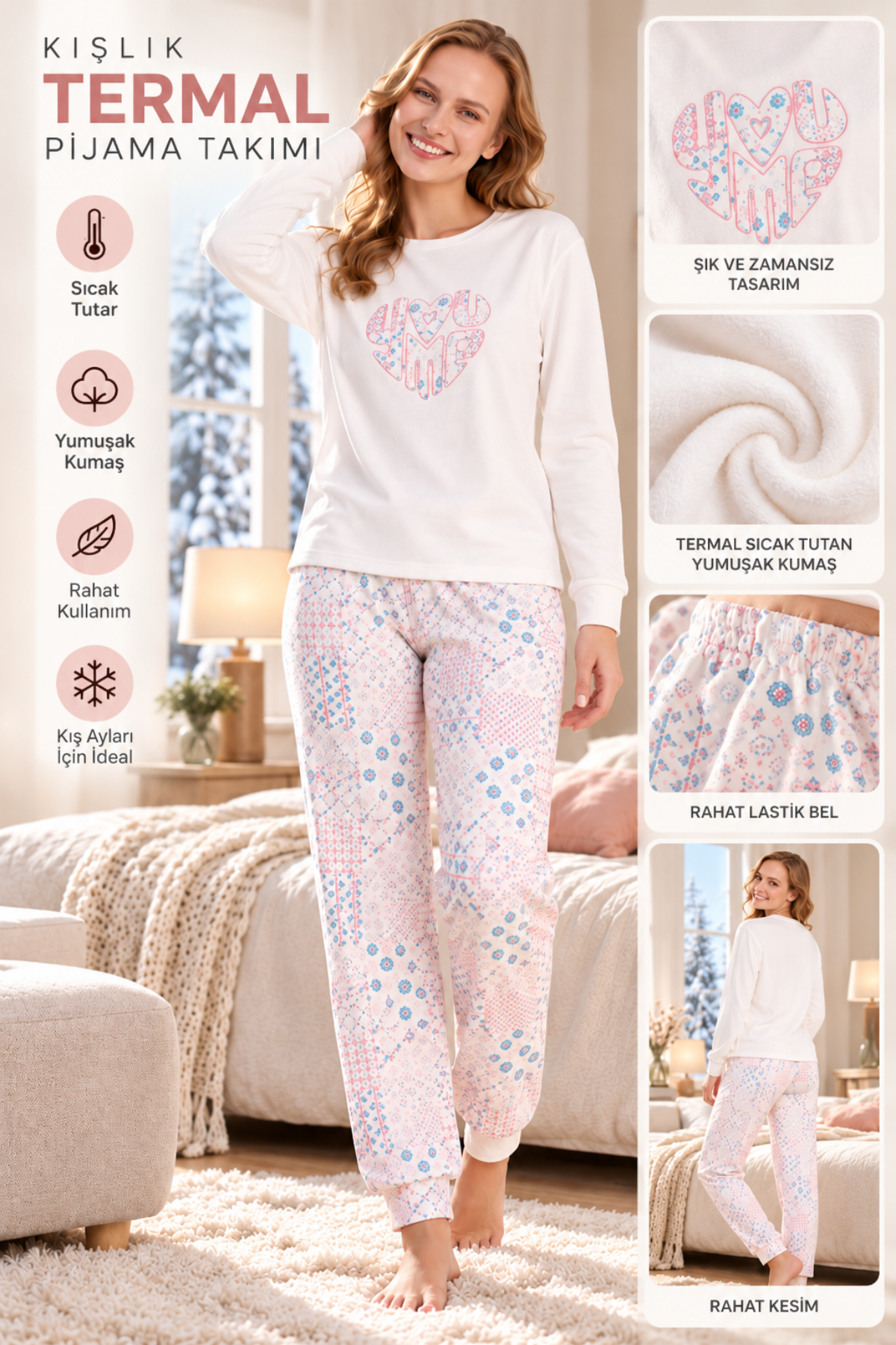 Kadın Termal Pijama Takımı Kışlık Uzun Kollu Kalp Baskılı