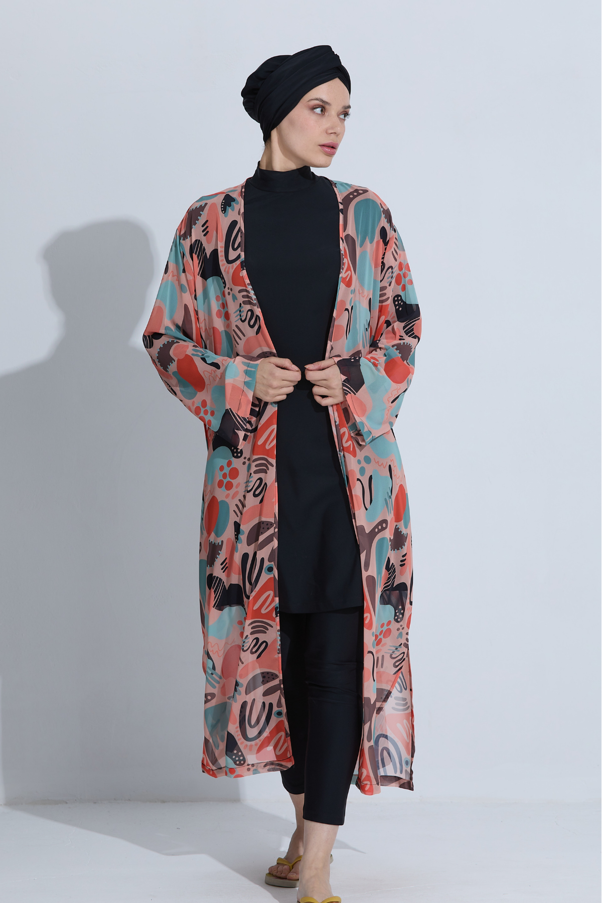 Kadın Uzun Pareo Kimono Desenli Kuşaklı Plaj Elbisesi Mayo Üstü Pareo