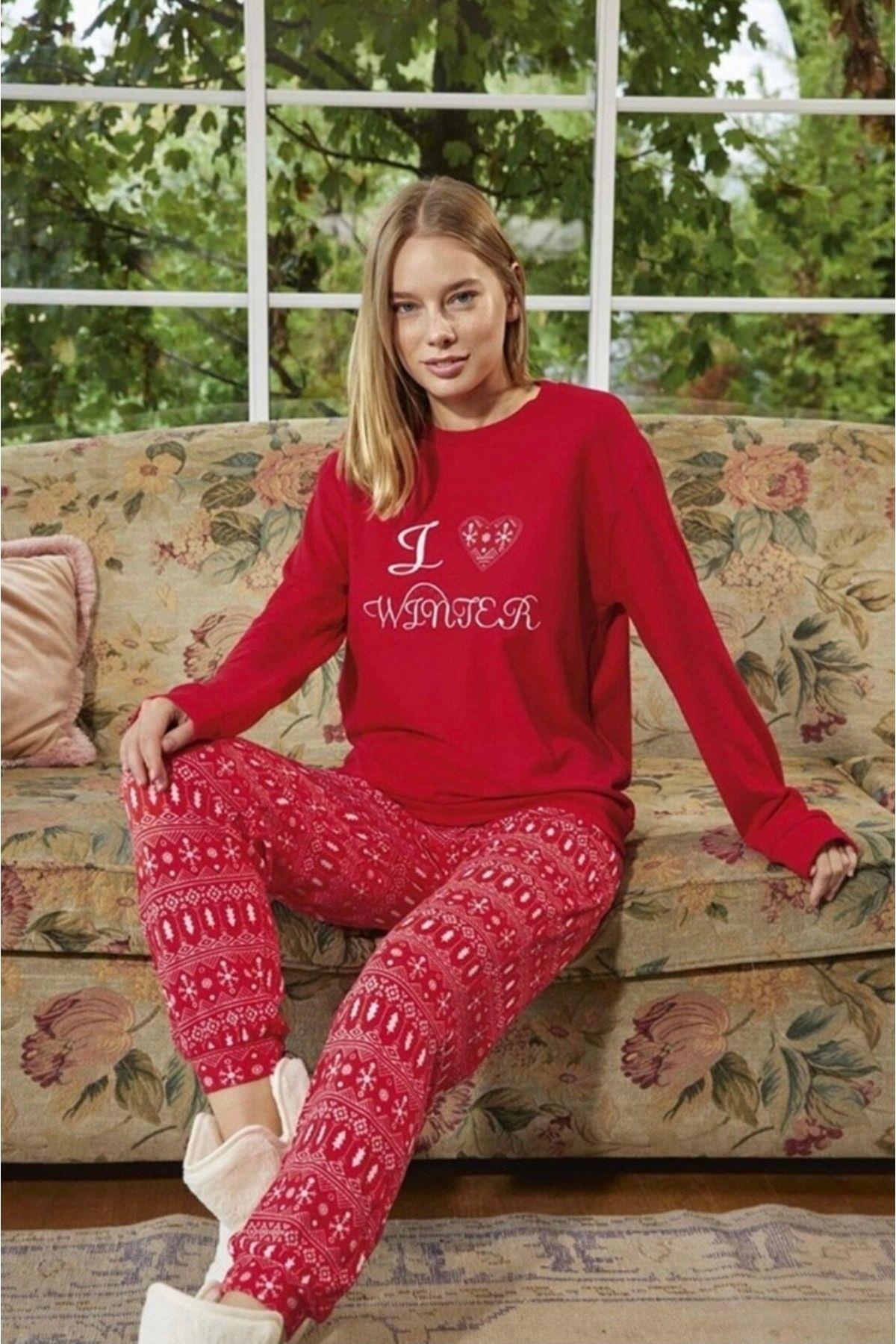 Kırmızı Kadın Termal Pijama Takımı