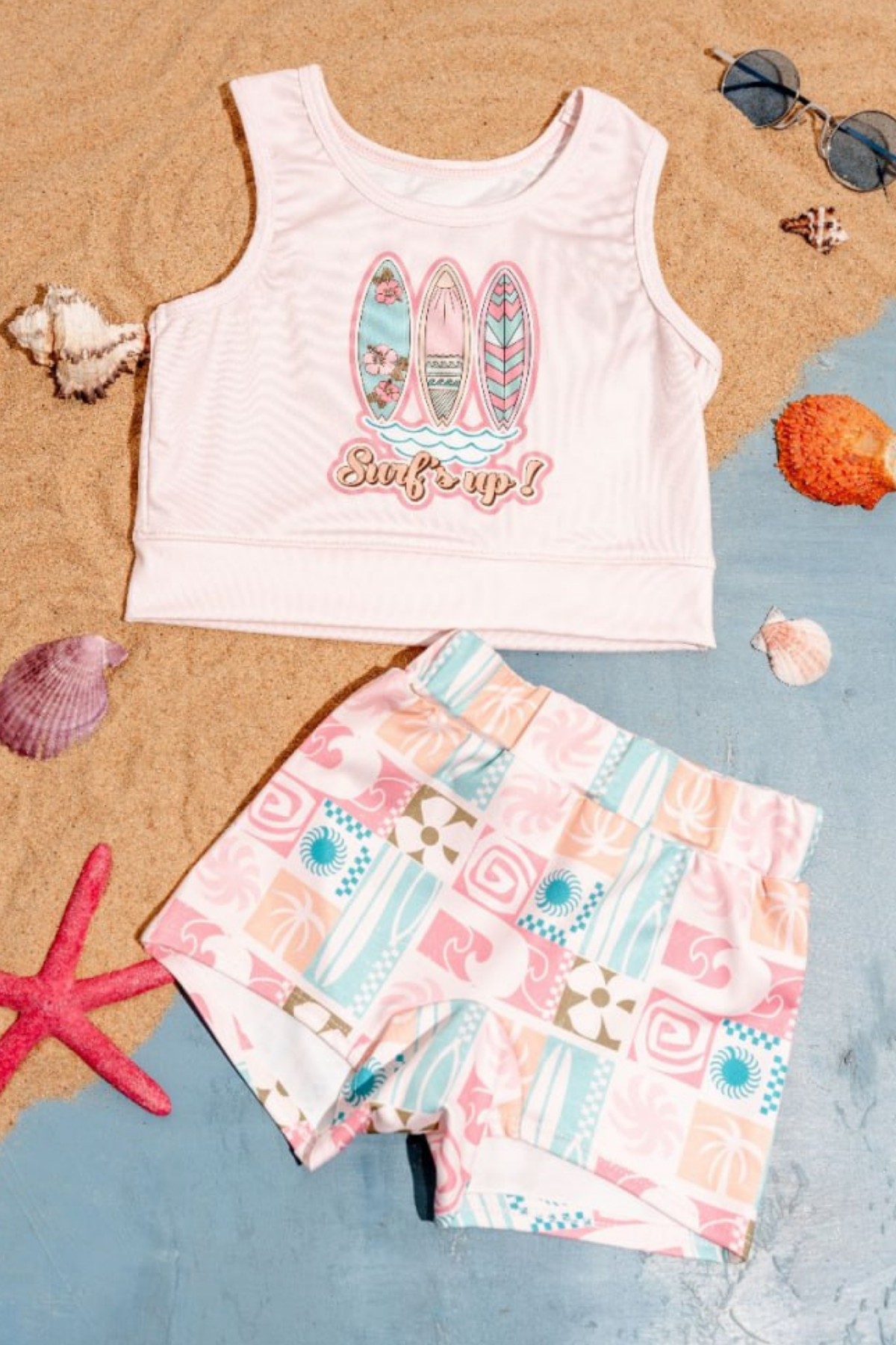 Kız Çocuk 2'li Şortlu Mayo Takımı - Surf Desenli Yazlık Bikini Seti