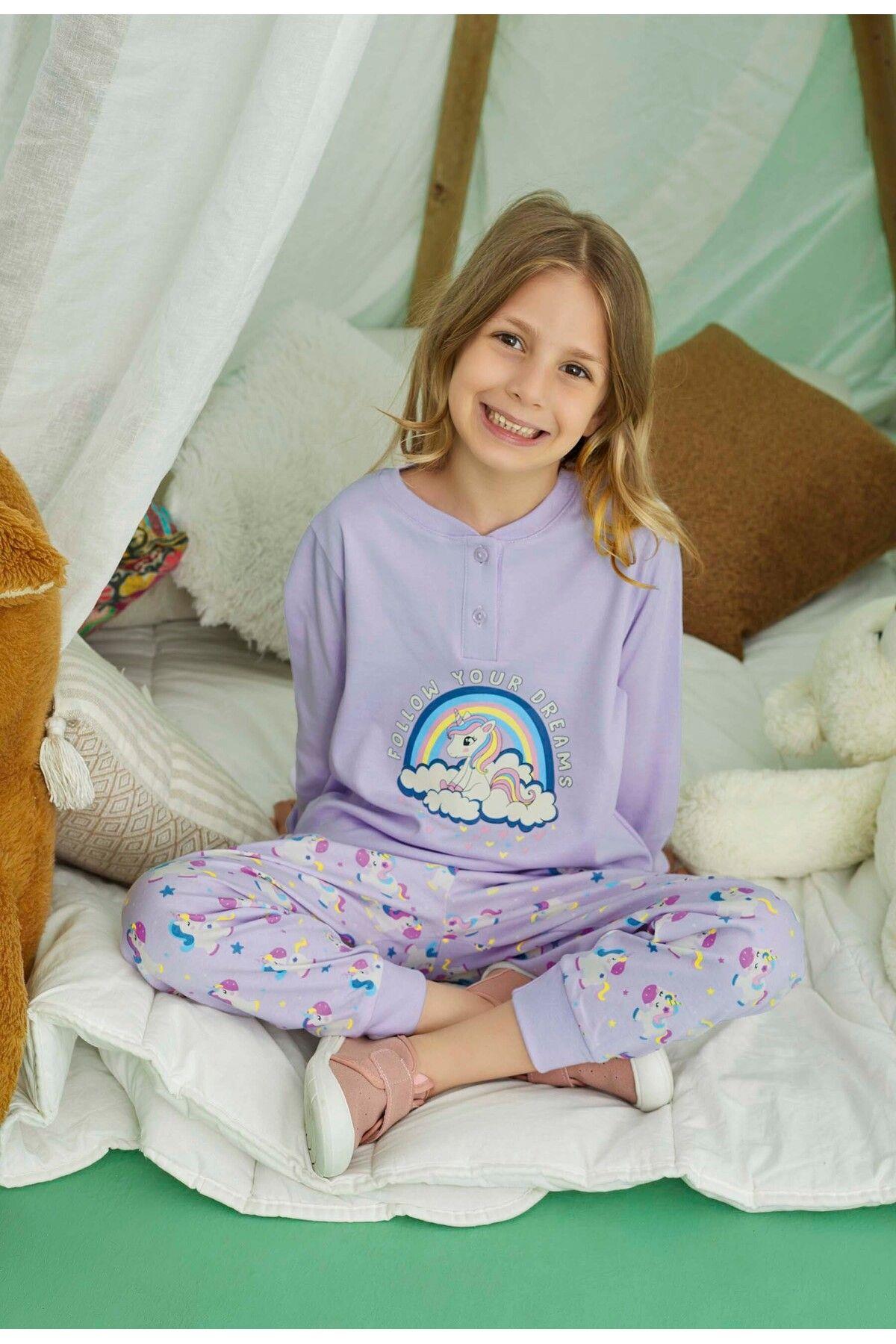 Kız Çocuk Mor Unicorn Desenli %100 Pamuk Pijama Takımı