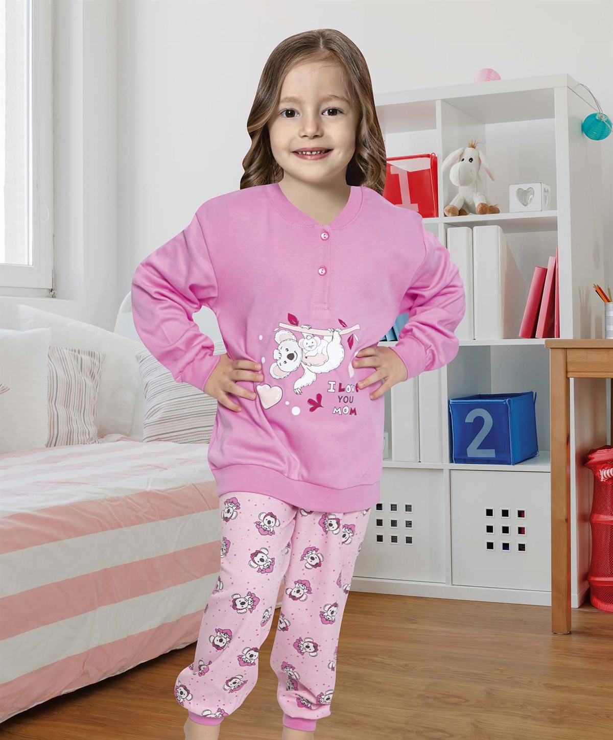 Kız Çocuk Pijama Takımı İnterlok %100 Pamuk Orta Kalın 3-7 Yaş Arası