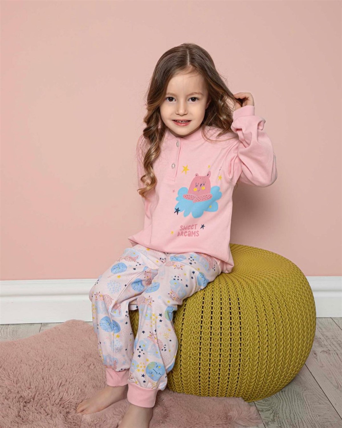 Kız Çocuk Pijama Takımı Pamuklu İnterlok Kumaş 1-6 Yaş arası Gecelik  Lastikli Paça