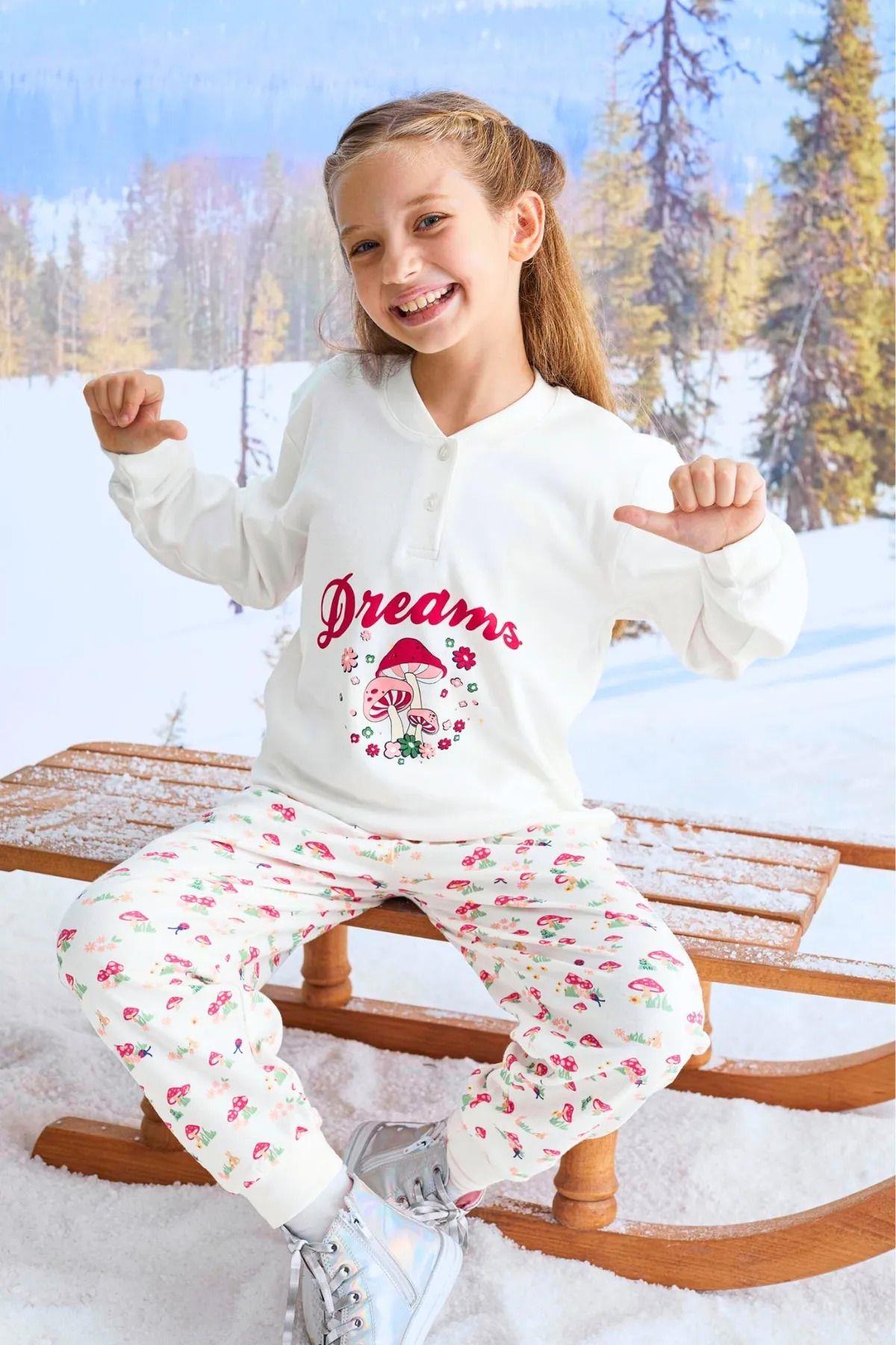 Kız Çocuk Pijama Takımı Pamuklu İnterlok Kumaş Beyaz