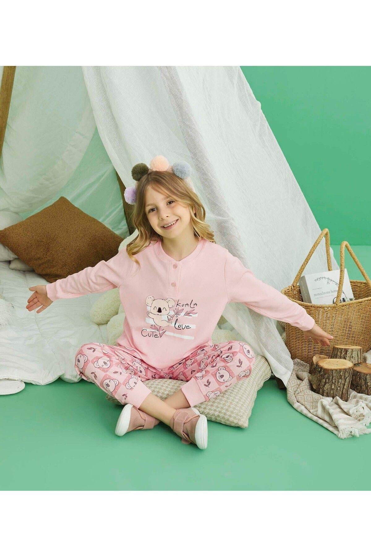 Kız Çocuk Pudra Pembe Pamuklu Uzun Kollu Pijama Takımı