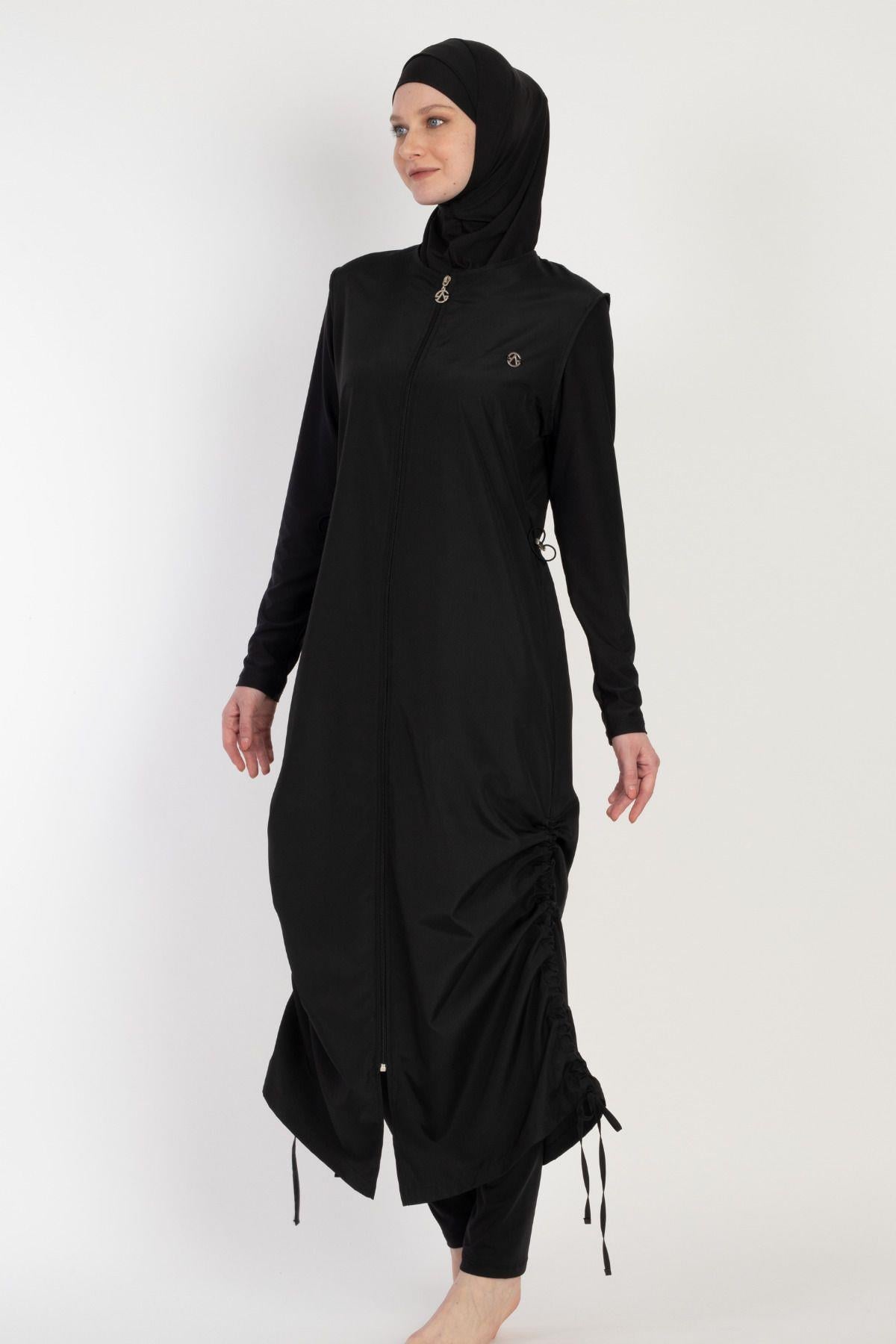 Siyah Fermuarlı Uzun Tesettür Mayo Tam Kapalı Örtücü Modeset Rahat Su İtici Kumaş  Hijab Swimsuit