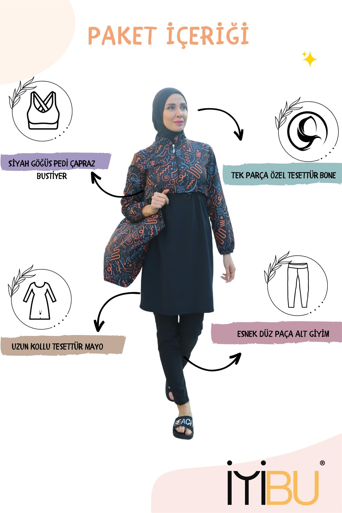 Tesmay Tam Kapalı Tesettür Mayo 4'lü Takım Full Likra Su İtici Hızlı  Kuruyan Kumaş Hijab Siwimsuit