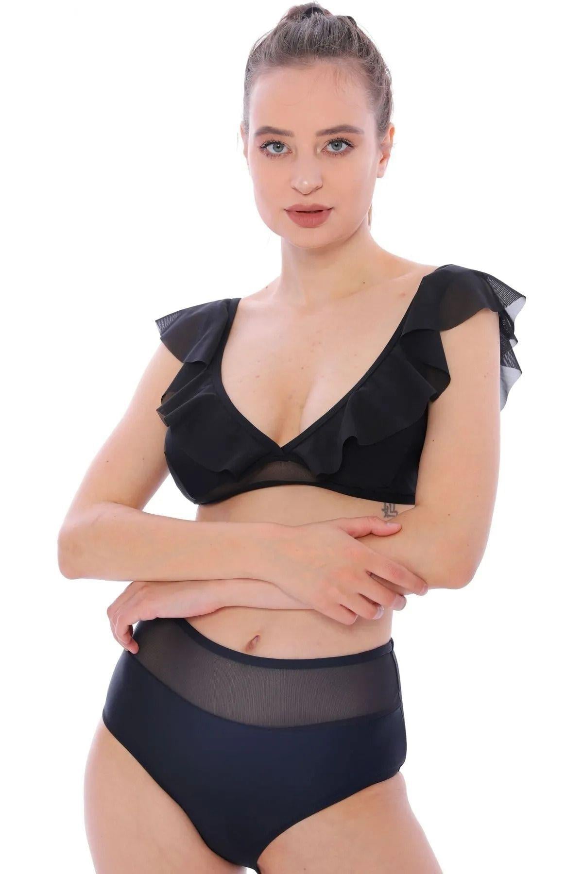 Tüllü Fırfırlı Bikini Mayo 2'li Slip Mayo Bikini Takımı