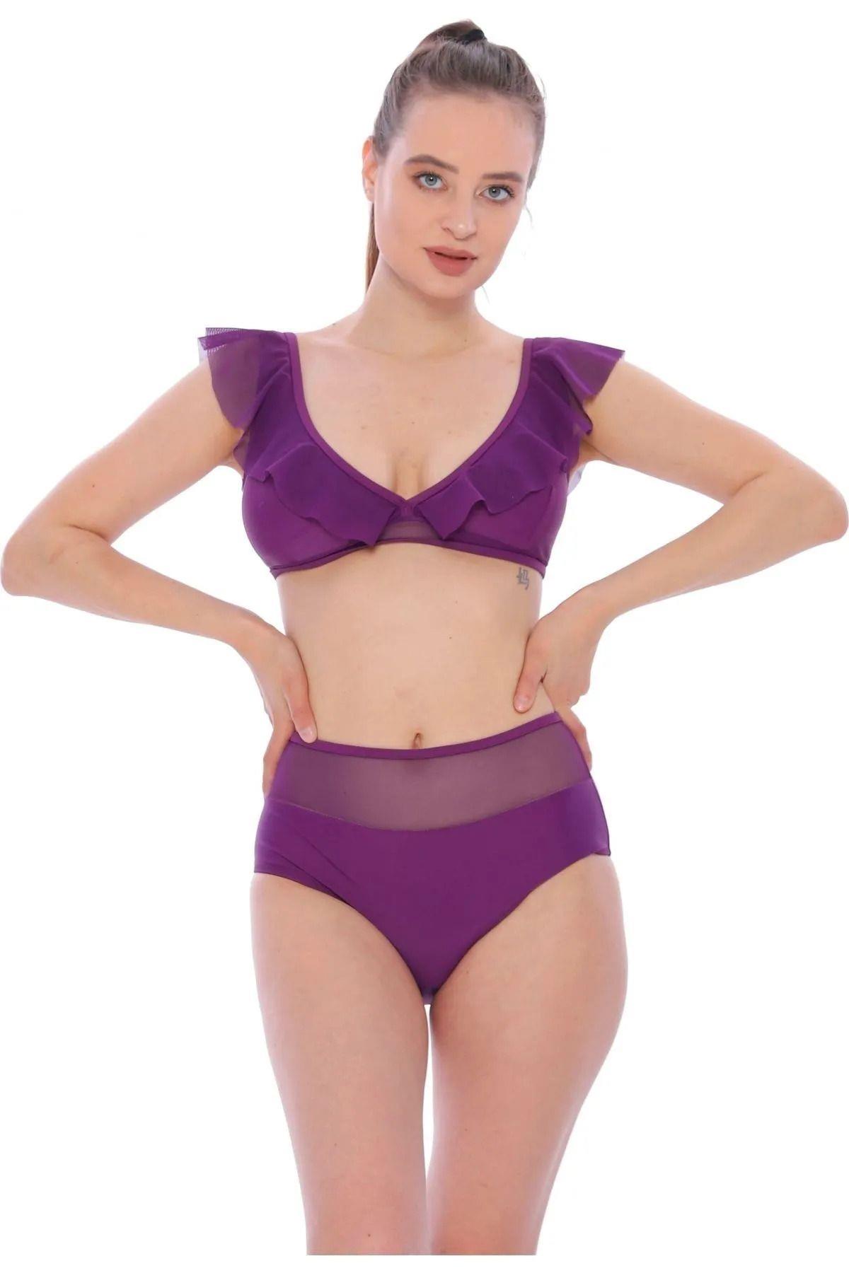 Tüllü Fırfırlı Bikini Mayo 2'li Slip Mayo Bikini Takımı