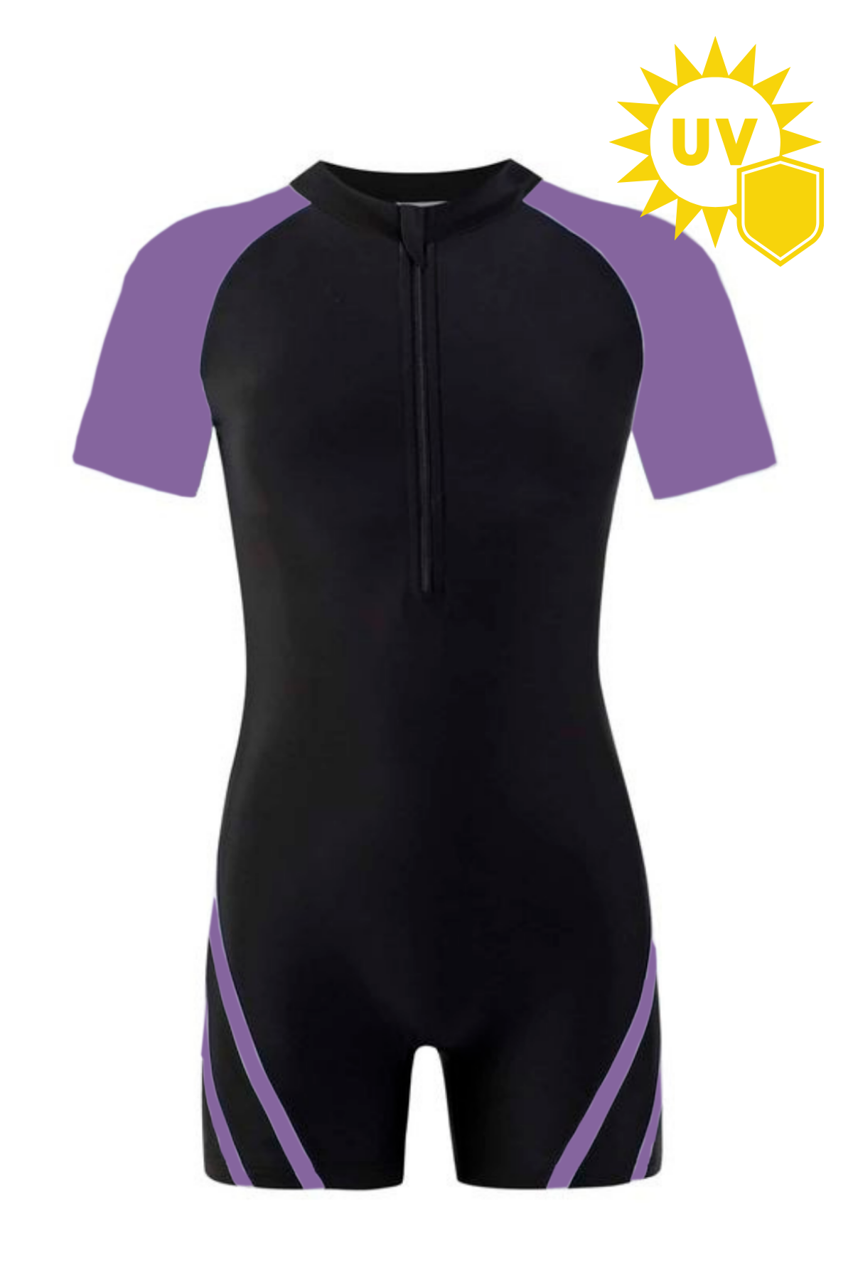UV Korumalı Mor Detaylı Kısa Kollu Çocuk Yüzücü Tulum Mayo - Unisex Havuz ve Deniz Mayosu