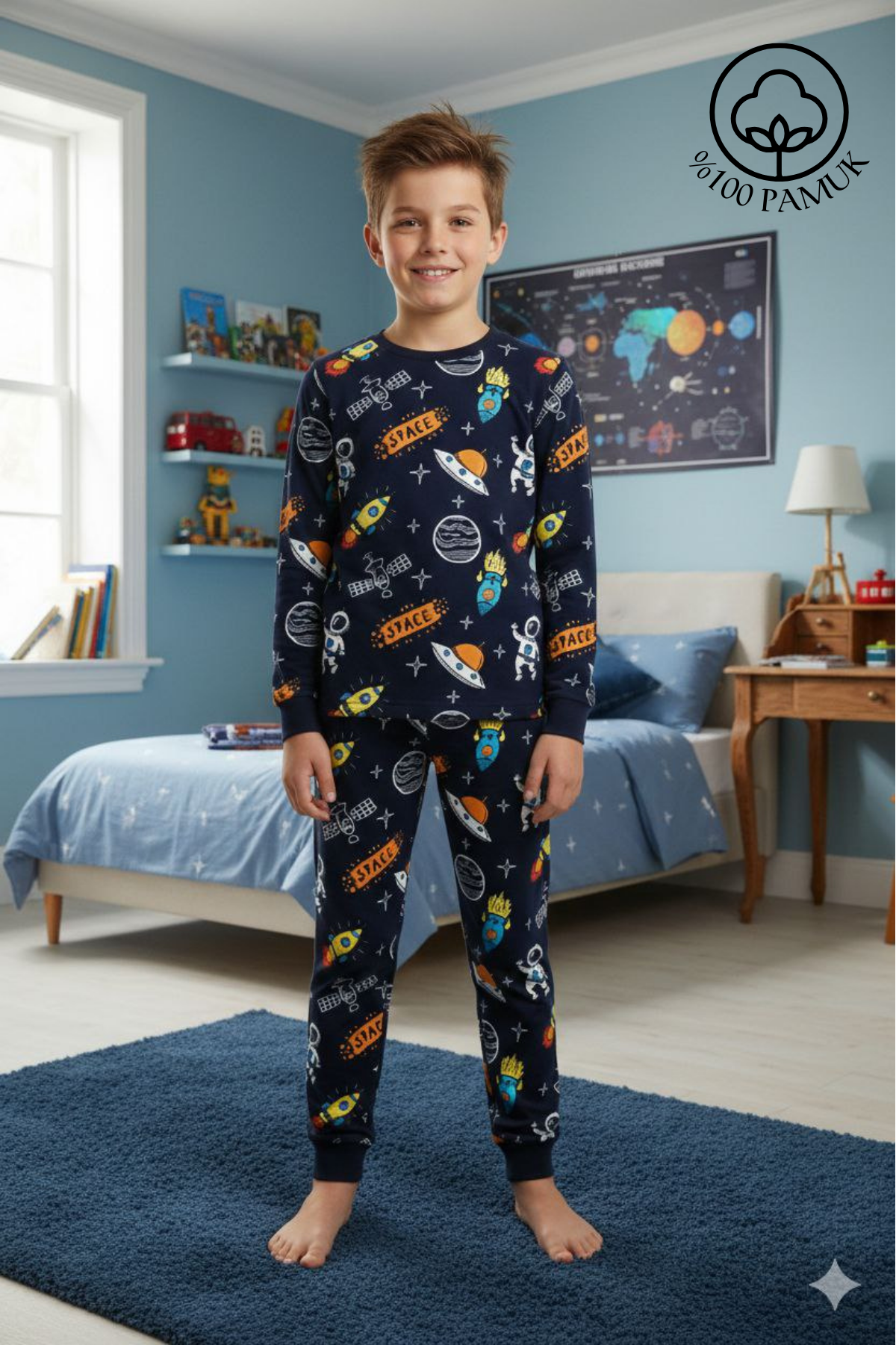 Uzay Desenli Erkek Çocuk Pijama Takımı %100 Pamuk Interlok Mevsimlik