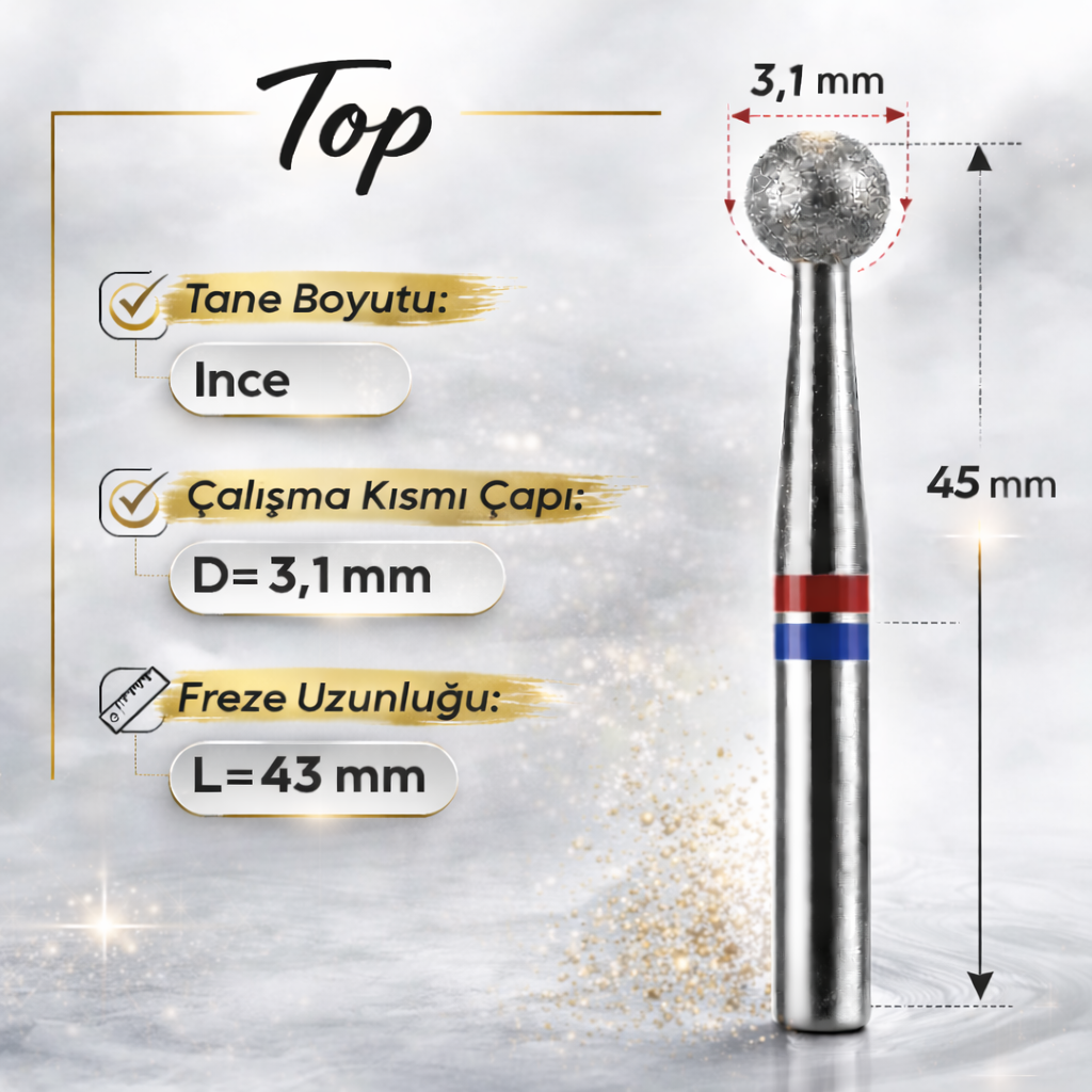 Mia ProfessionalTırnak İçin Freze UçlarıElmas Freze başlık Top (Orta Yumuşak Kırmızı - Mavi) 0,31 mm