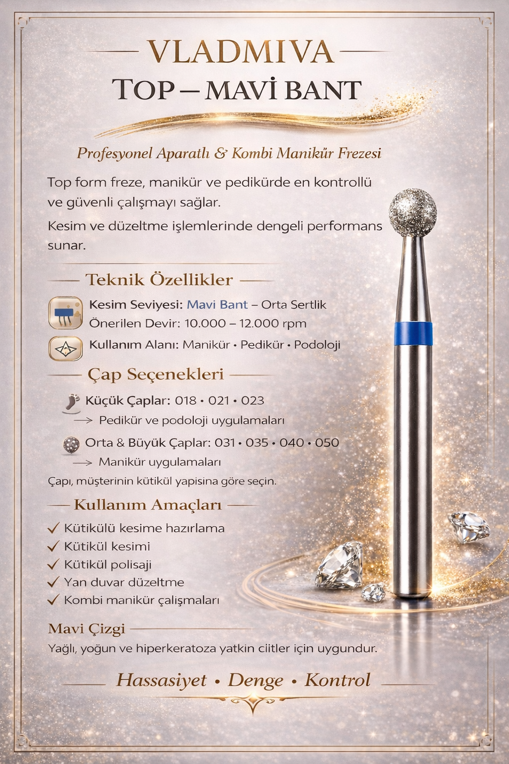 Vladmiva Elmas Freze Başlık Top – Orta Sertlik (Mavi) 0,33 mm – adet fiyatı
